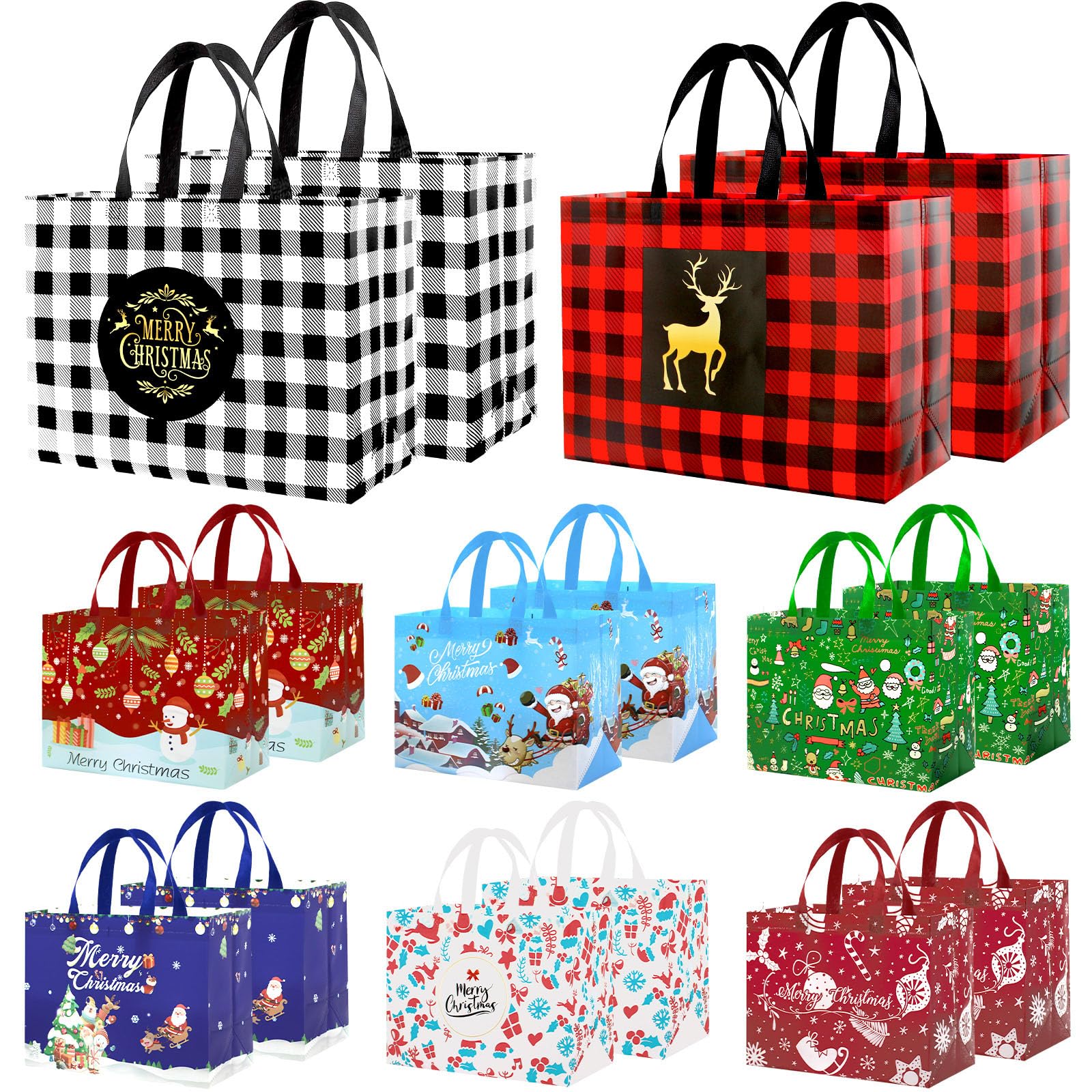 16PCS Extra Large Reusable Christmas Tote Bags with Handles - Eco-Friendly Holiday Gift Bags for Christmas Shopping, Party Decorations & Grocery Storage - Perfect for Xmas Gifts, Holiday Parties & Home Organization