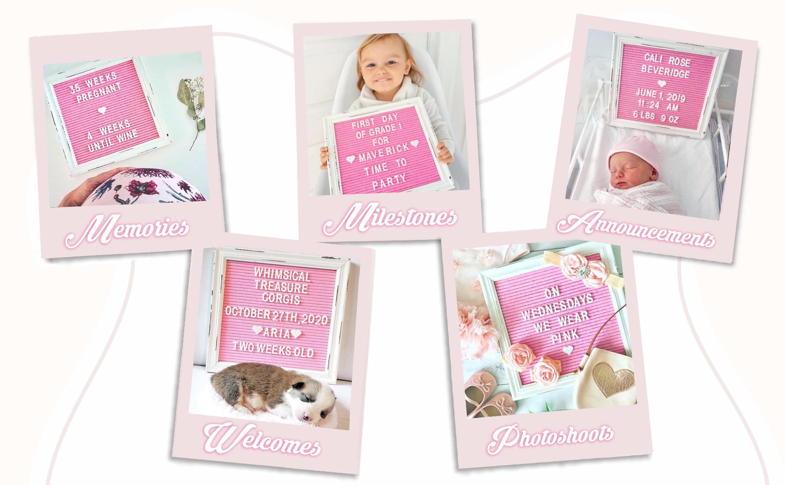 Pink Felt Letter Board with Rustic Wood Frame - 10x10 Changeable Message Board for Baby Announcements, Rustic Farmhouse Decor - Includes 350 Letters & Stand (Perfect for Nursery, Wedding, Birthday, Home Decor)