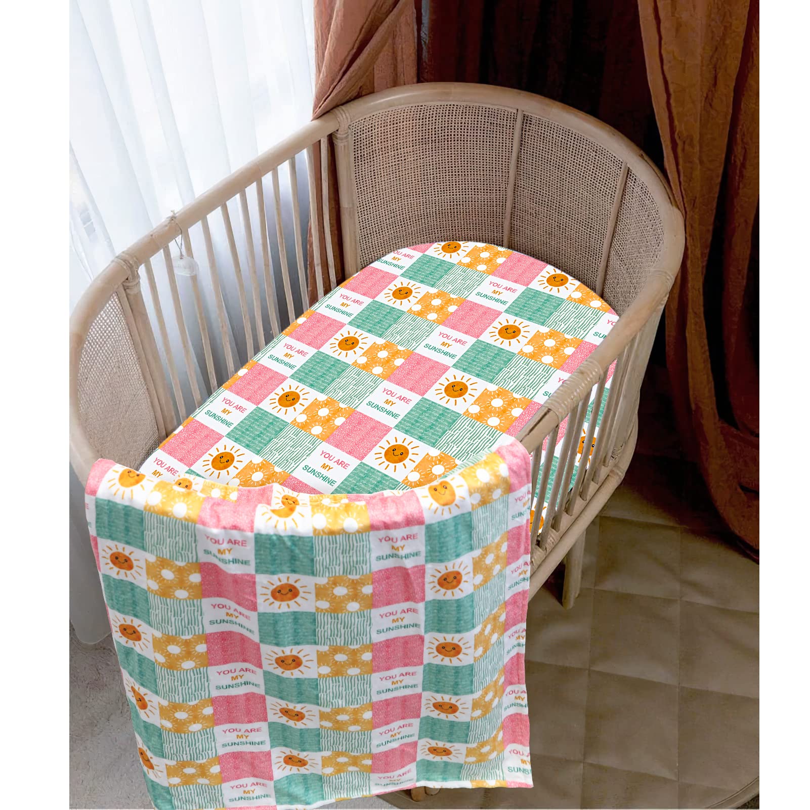 Soft Baby Blanket & Bassinet Sheet for Girls - Cozy Toddler Minky Blankets, Sun Smile Cradle Mattress Cover - My Sunshine Nursery Set | Perfect for Crib, Stroller & Newborn Photo Shoots