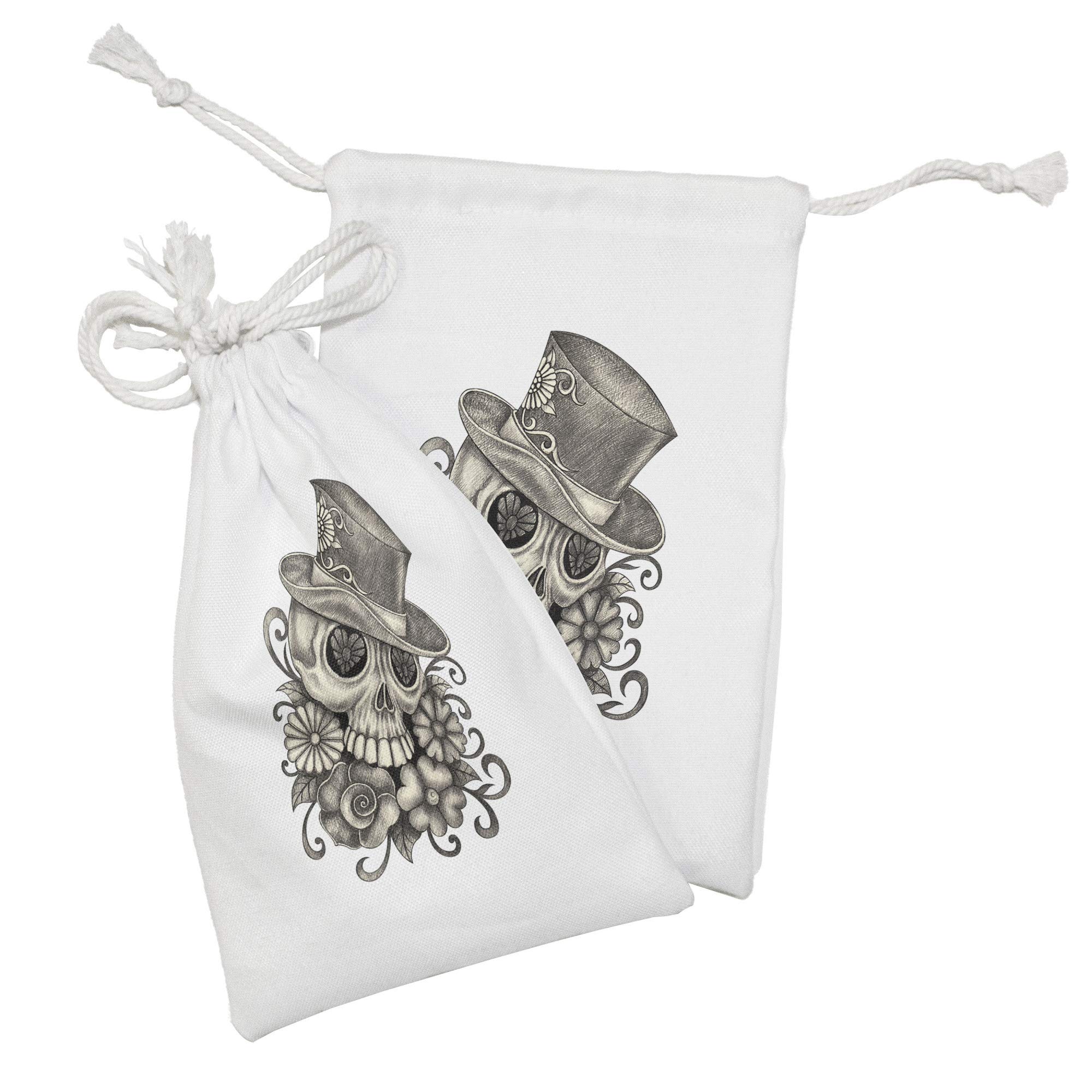 Ambesonne Day of the Dead Fabric Pouch Set of 2 - Mexican Sugar Skull Floral Drawstring Bags for Toiletries, Makeup & Party Favors (9
