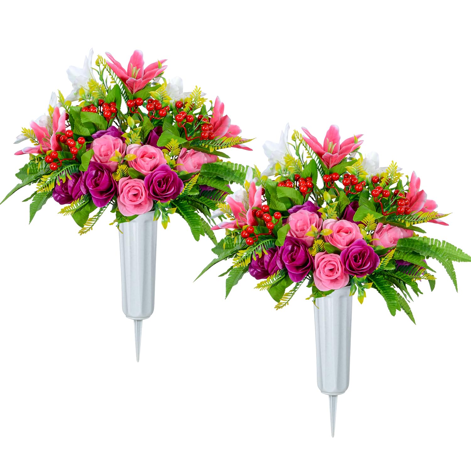 XONOR Artificial Cemetery Flowers with Vase - Set of 2 Rose & Lily Bouquets for Graves, Memorials & Headstone Decorations - Perfect for Graveside Tributes & Cemetery Displays