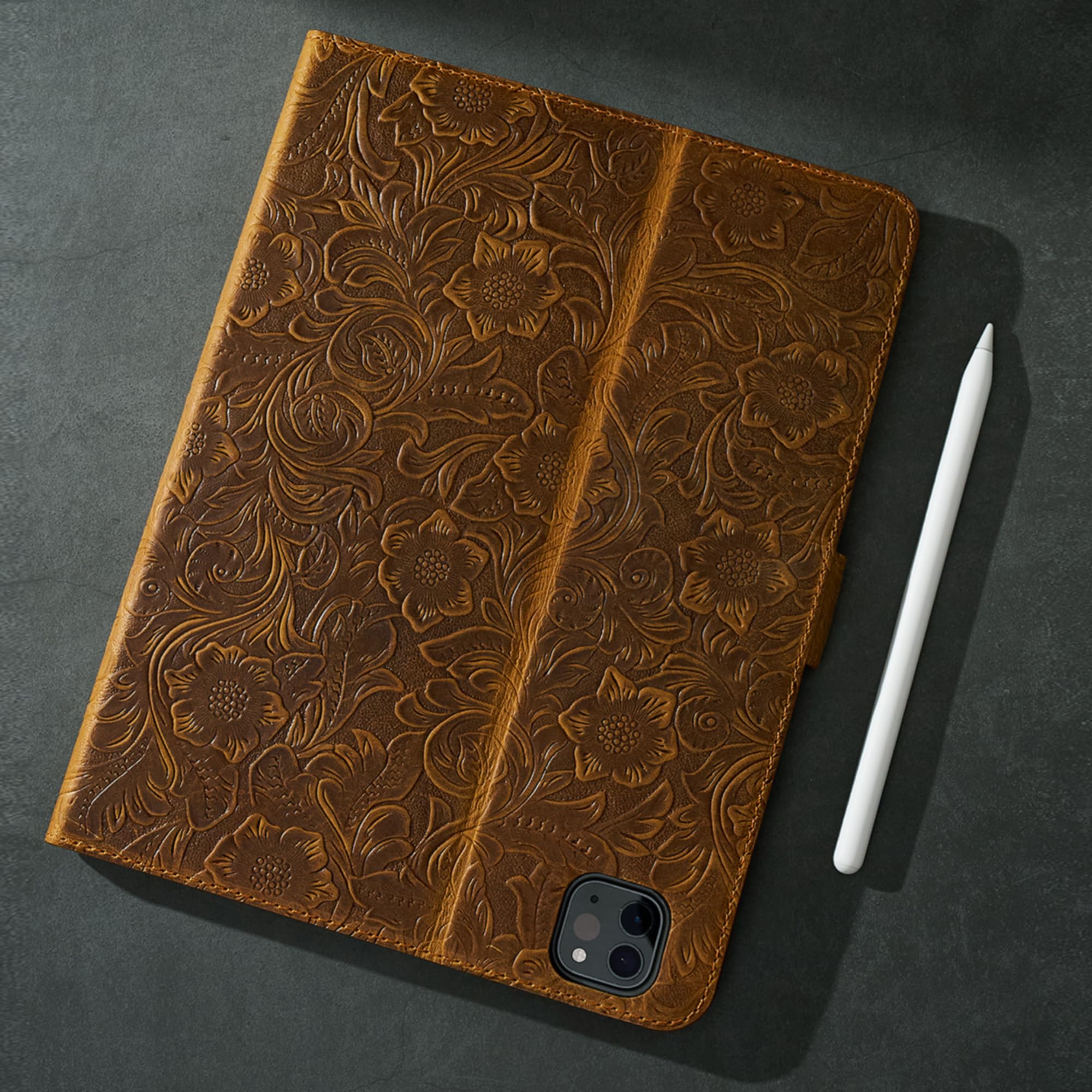 Gexmil Premium Top Grain Leather Case for iPad Air 11 Inch (M3 2025/M2 2024) & iPad Air 10.9 Inch (5th/4th Gen 2022/2020) - Flower Brown Cover with Apple Pencil Holder & Magnetic Closure | Perfect for Work, Travel & Daily Protection