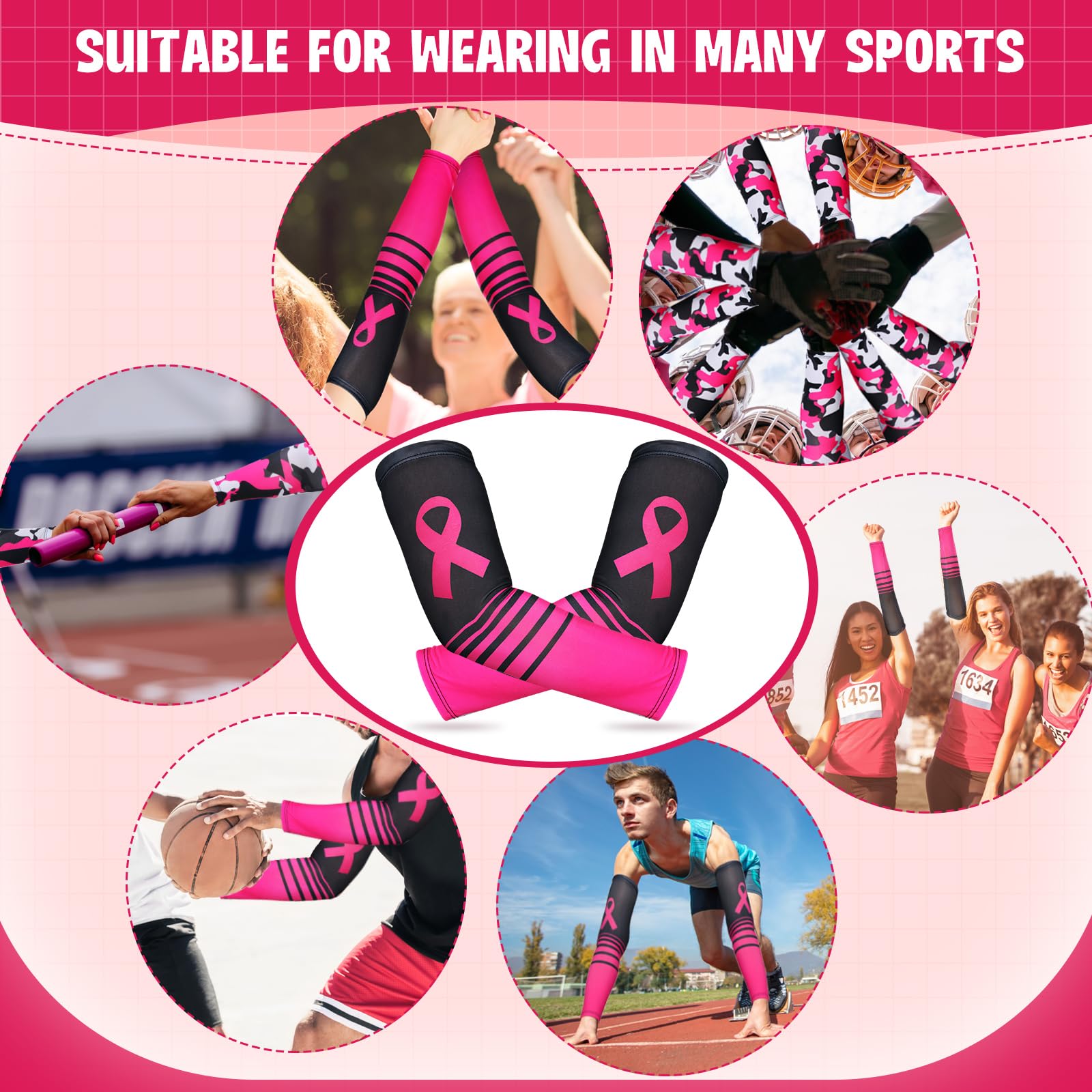 2 Pairs Breast Cancer Awareness Arm Sleeves - Pink Ribbon UV Protection Compression Arm Covers for Women & Men - Perfect for Running, Cycling, and Outdoor Activities