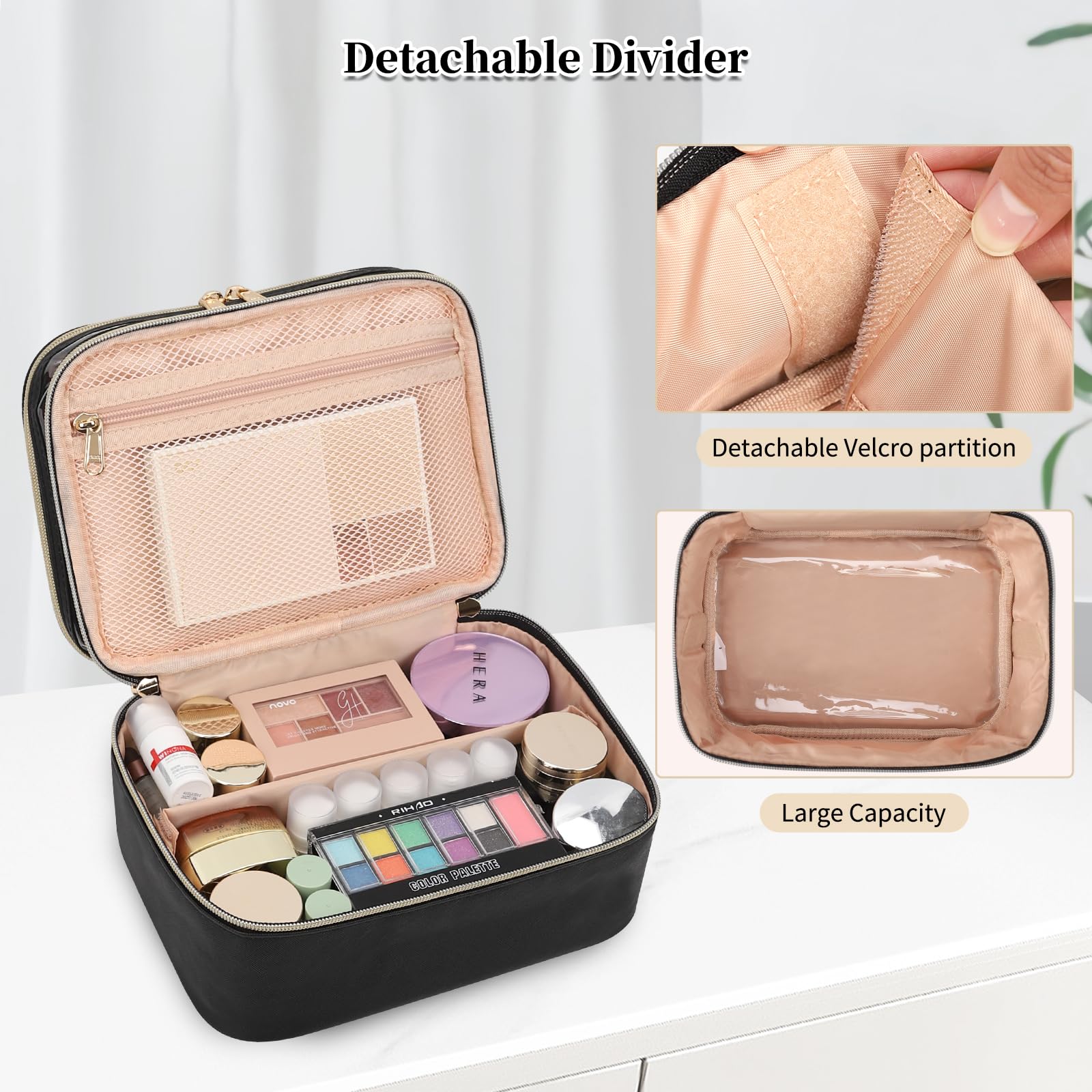 OCHEAL Double Layer Large Capacity Makeup Bag for Women - Travel Cosmetic Organizer with Handle & Divider - Perfect for Travel, Gym & Daily Use - Black