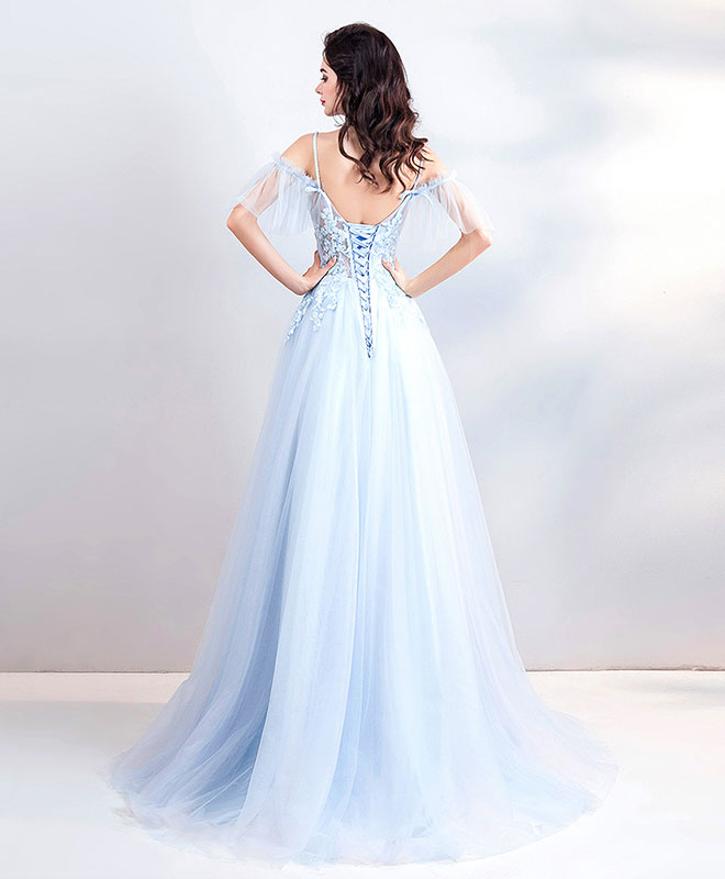 Elegant Light Blue Lace Tulle Long Prom Dress for Women - Formal Evening Gown for Homecoming, Wedding, Ball - Perfect for Special Occasions & Parties
