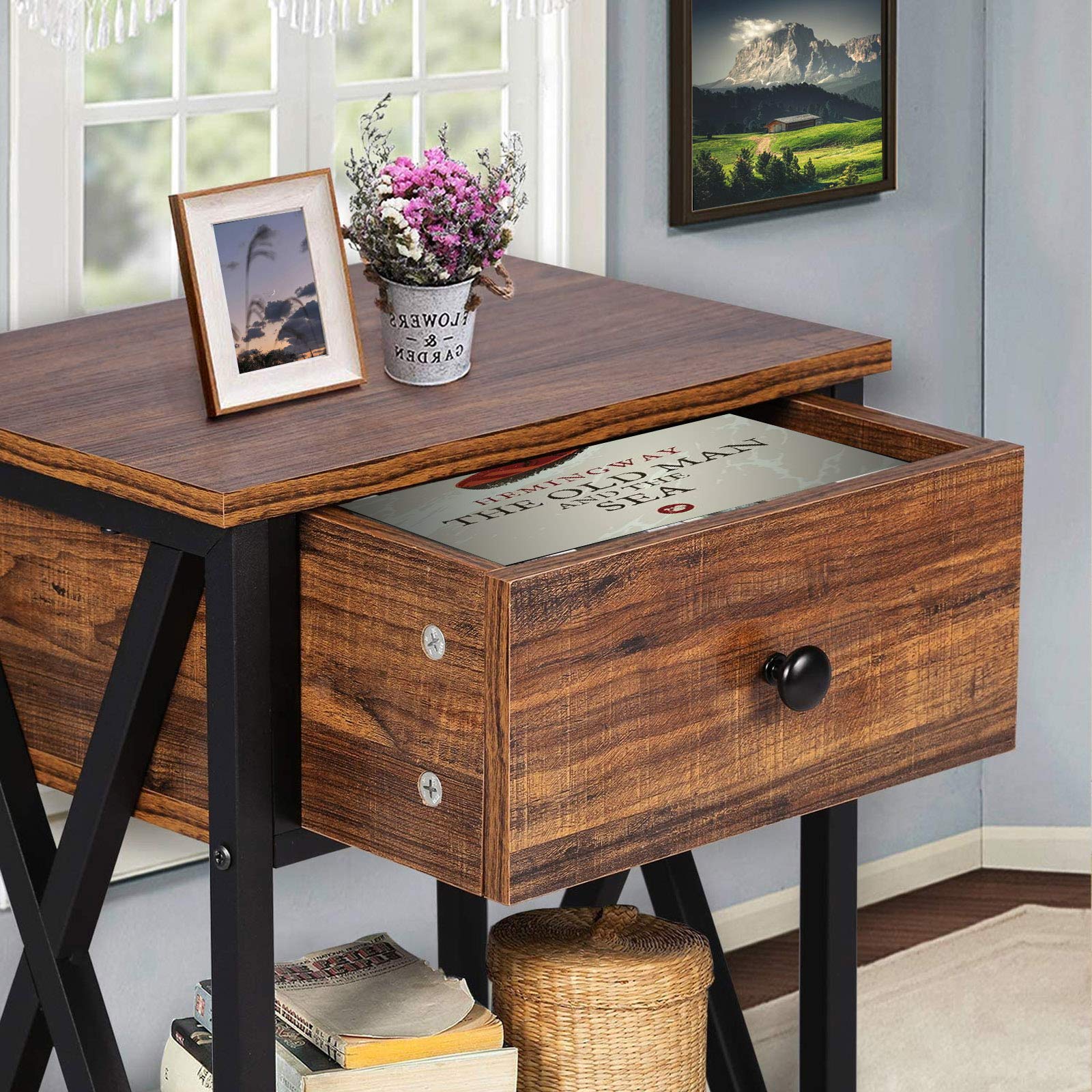 QCen Industrial Side End Table Nightstand with Drawer and Shelf - Rustic Brown Wood X-Design Bedside Storage - Easy Assembly Set of 2 for Bedroom, Living Room, Office & Dorm Decor