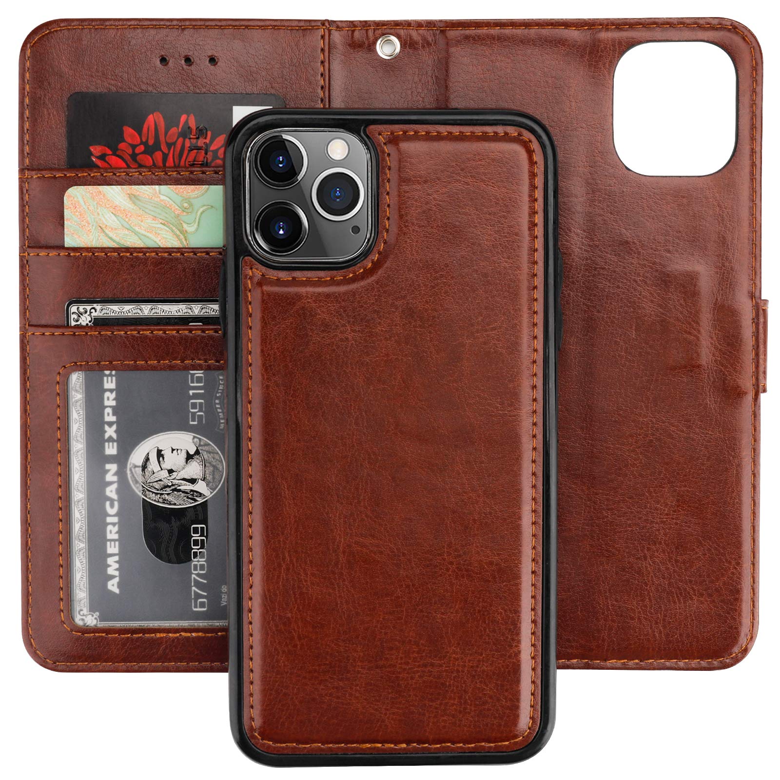 Magnetic Detachable PU Leather Wallet Case for iPhone 11 Pro Max (6.5 inch) - Shockproof Flip Cover with Card Holder, Kickstand & Wrist Strap - Brown | Perfect for Work, Travel & Everyday Protection