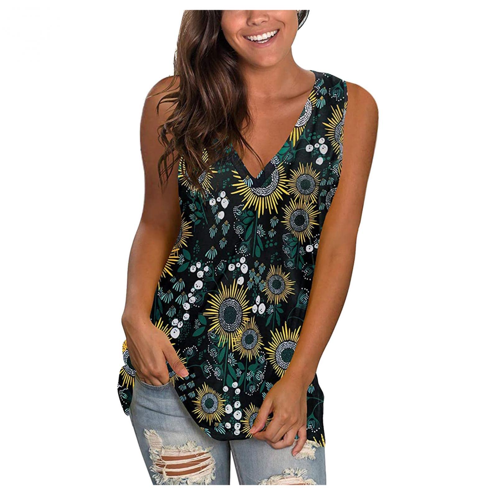 4th of July Tank Tops for Women - Plus Size Summer Sleeveless V-Neck Floral T-Shirt | Casual Comfy Loose Blouse with Side Split | Perfect for Patriotic Celebrations, Beach Outings & Summer Vacations