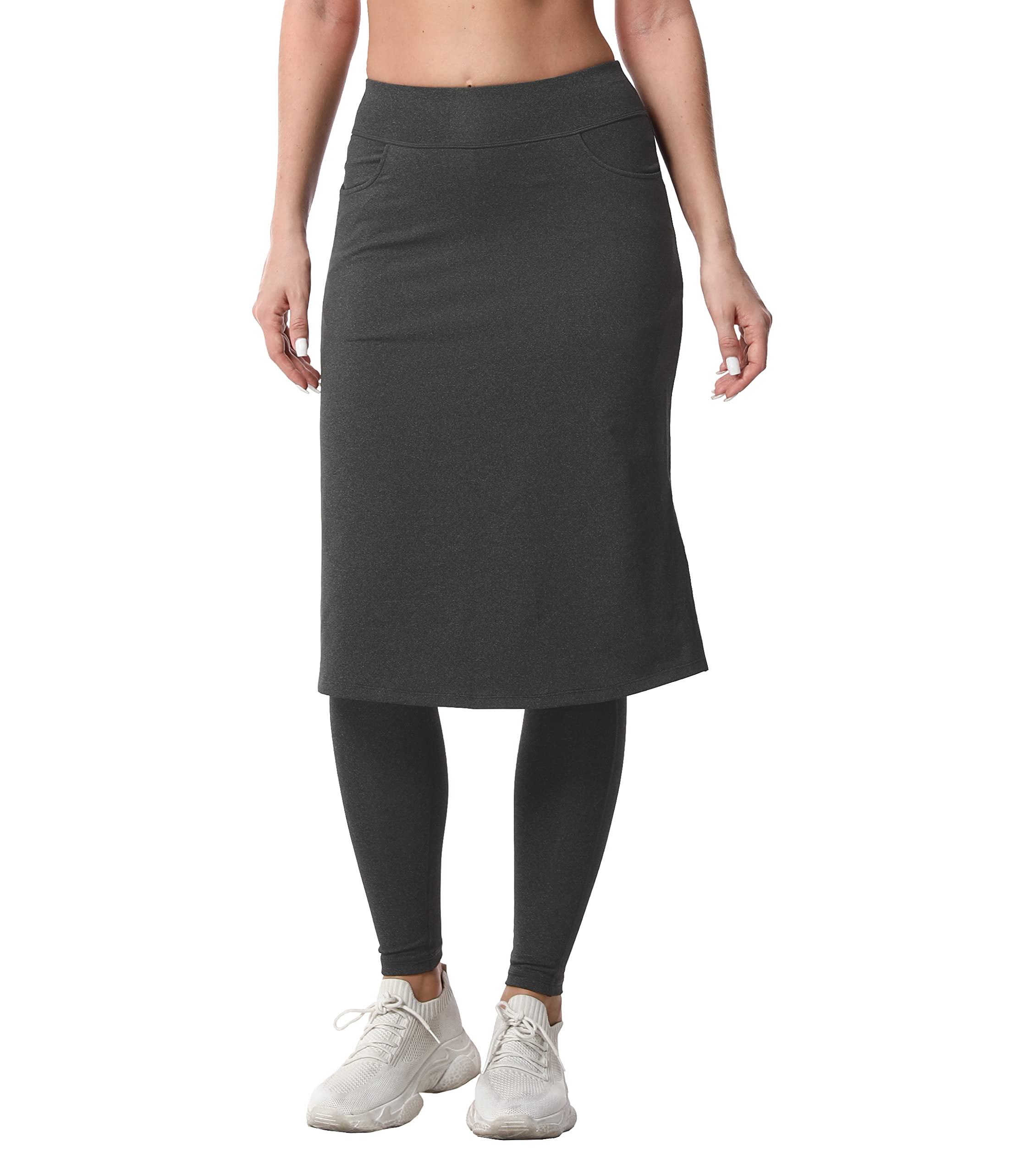 HOKOYI Women's Modest Long Skirt with Pockets - Stretchy Midi Skirt with Attached Leggings, Workout Skirted Capris for Yoga, Running & Casual Wear