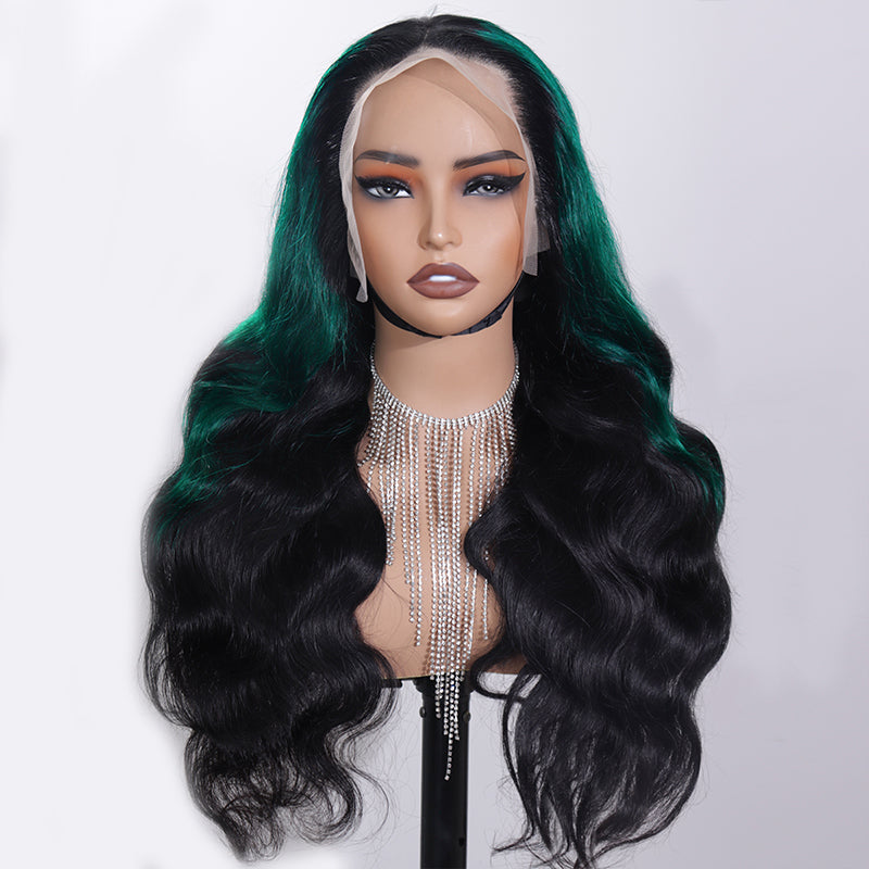 Eullair Ombre Dark Green Black Body Wave Lace Front Wig 1B Roots Pre-Colored Human Hair Lace Wig for Women - Perfect for Cosplay, Parties & Daily Styling (EW013)