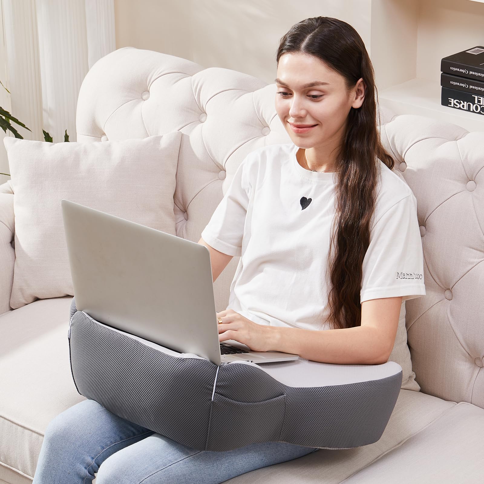 Portable Lap Desk with Cushion - Lightweight Laptop Pillow Stand for Work, Gaming & Study - Perfect for Bed, Couch, Car & Travel - Ergonomic Design (White & Gray)