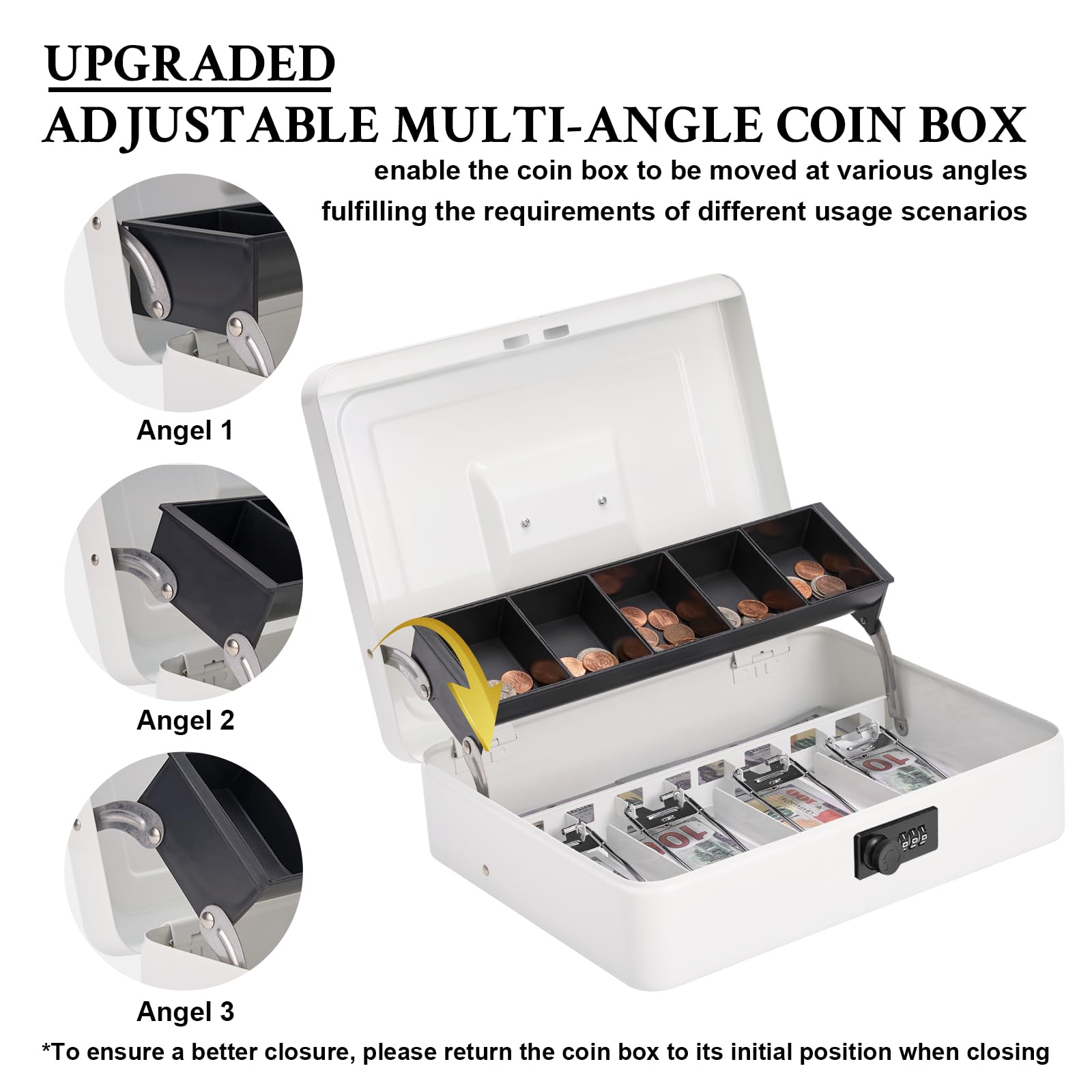 Metal Cash Box with Combination Lock - Secure Money Safe Box with Cash Tray, 4 Bill & 5 Coin Slots (11.8x9.5x3.5 Inches, White) - Perfect for Retail Stores, Home Savings & Office Cash Management