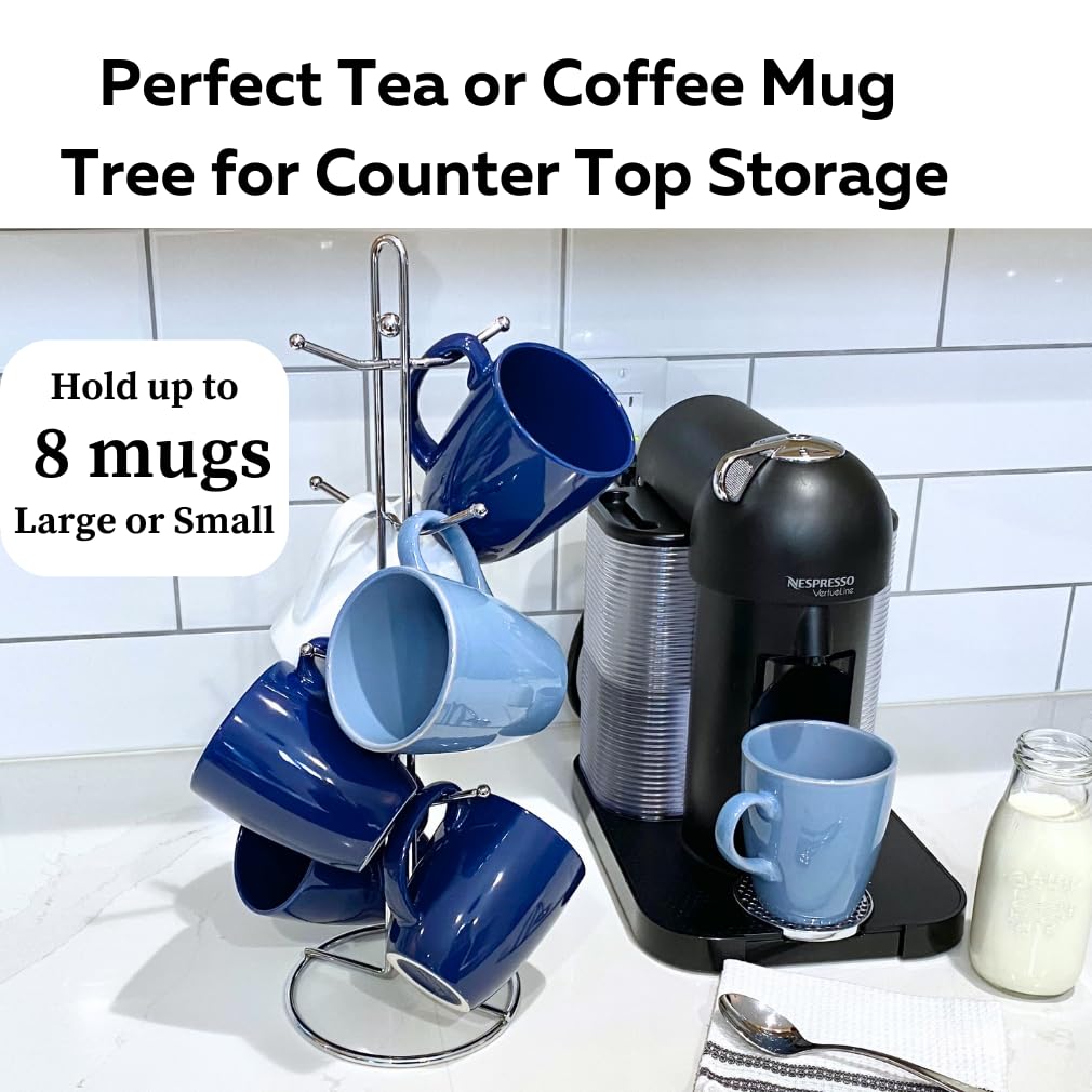 Evelots Coffee Cup Holder for Kitchen Countertop - Sturdy Rust-Free Steel Tree Hooks Holds 8 Large Mugs - Tea Cup Storage Rack with Chrome Finish - Coffee Bar Display Stand (One Piece) - Perfect for Kitchen Organization & Coffee Shop Decor