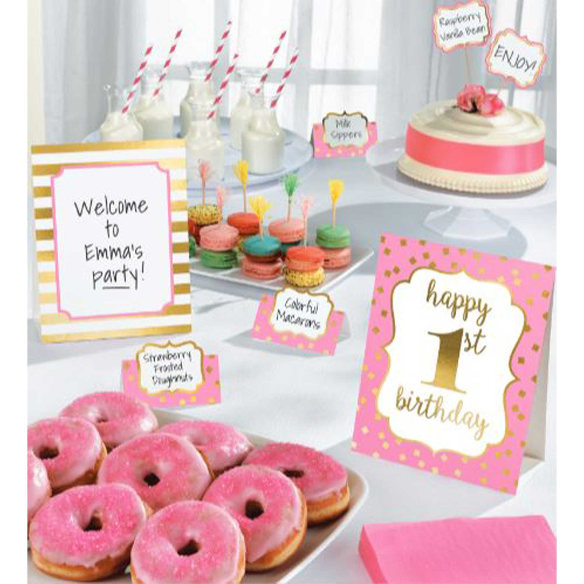 1st Birthday Girl Buffet Decorating Kit - Pack of 12 Party Supplies for Baby Shower, First Birthday Celebration & Milestone Decorations