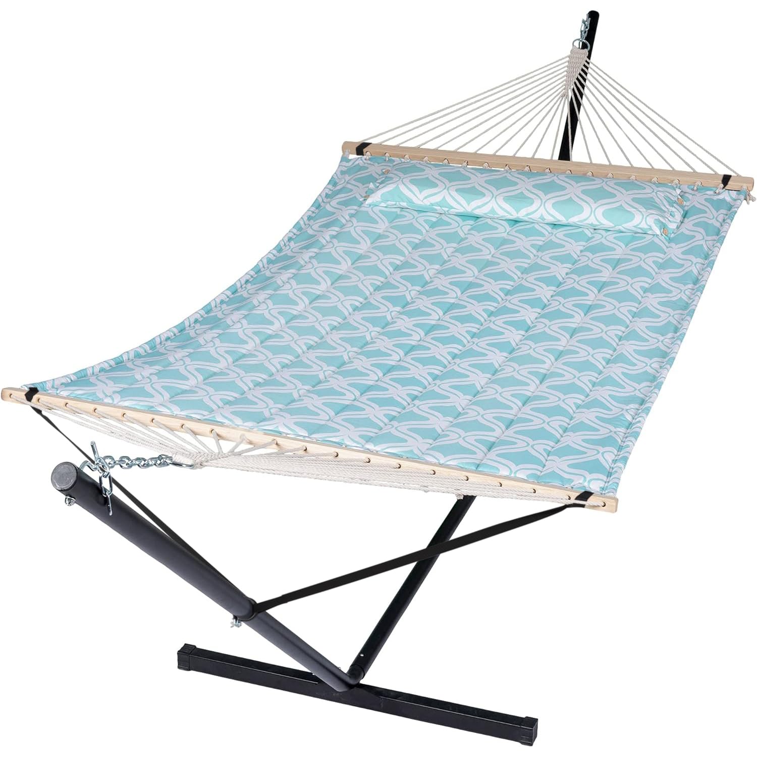 **SUNCREAT Outdoor Double Hammock with Stand - Extra Large Quilted Fabric Hammock Set, Green Pattern - Perfect for Backyard, Camping & Relaxation**