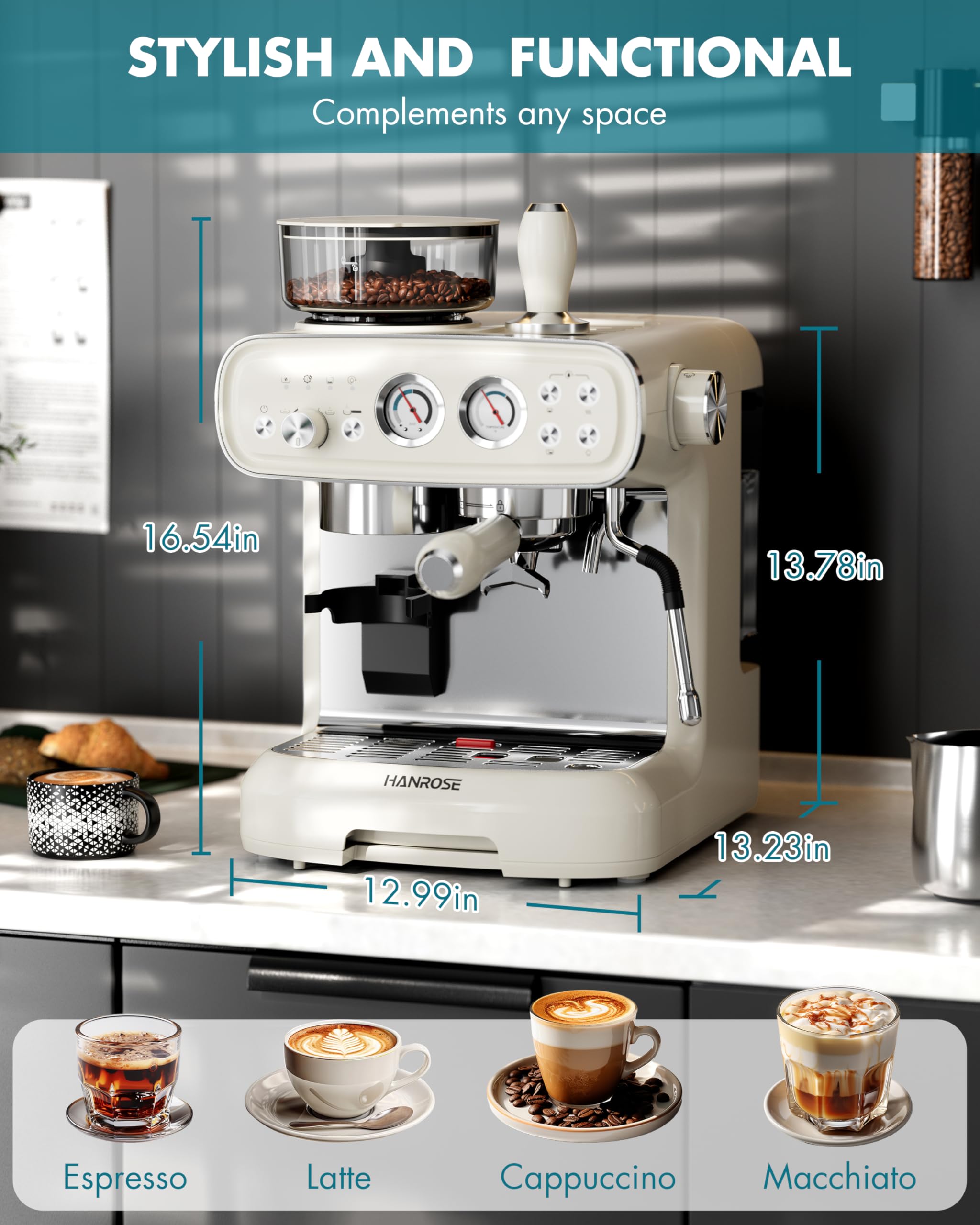 Premium 20 Bar Espresso Machine with Built-in Grinder & Milk Frother - Professional Home Coffee Maker for Latte, Cappuccino & Espresso - Perfect for Kitchen, Office & Coffee Shop Use
