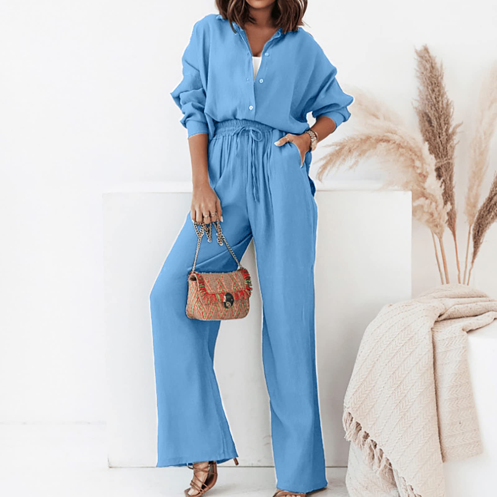 Yihaojia Women's 2-Piece Casual Outfit Set - Long Sleeve Button-Down Shirt & Lounge Pants with Pockets | Comfortable Tracksuit for Home, Office & Travel