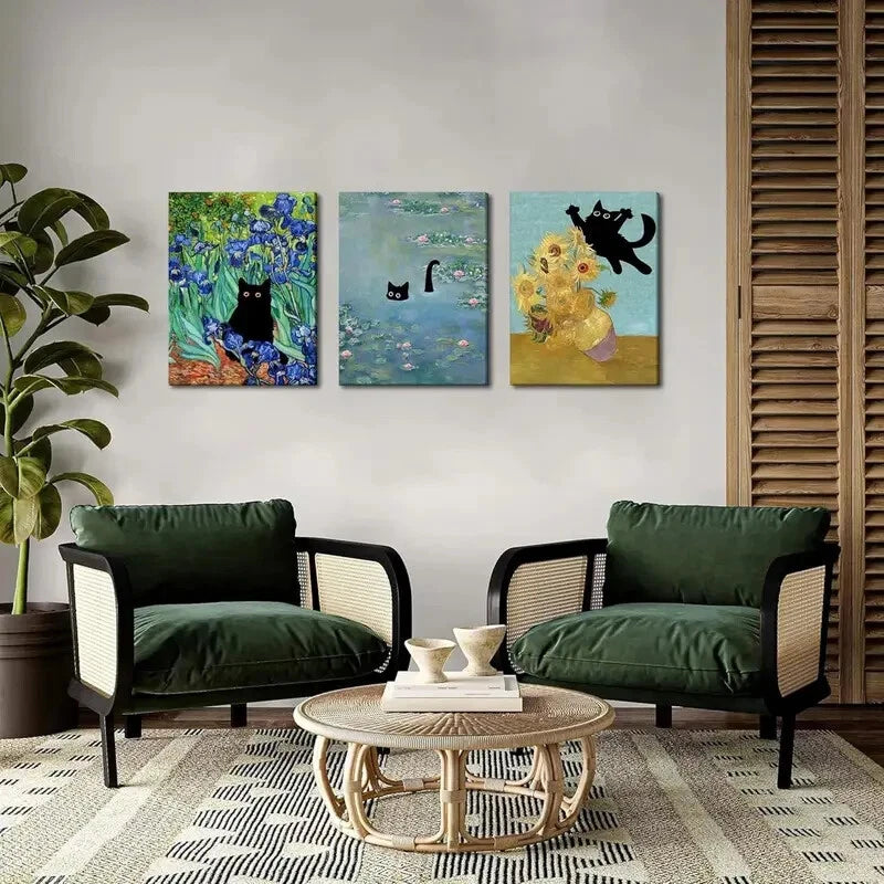 3-Piece Funny Cat in Water Lilies Sunflower Metal Print Wall Art - Ready to Hang - Perfect for Living Room, Bedroom & Office Decor