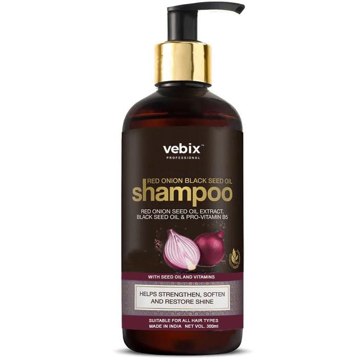 VEBIX PROFESSIONAL Red Onion Black Seed Shampoo with Red Onion Seed Oil Extract, Black Seed Oil & Pro-Vitamin B5 | Hair Loss Control & Scalp Care | Sulfate & Paraben Free | 300ml | For Thicker, Healthier Hair at Home & Salon Use