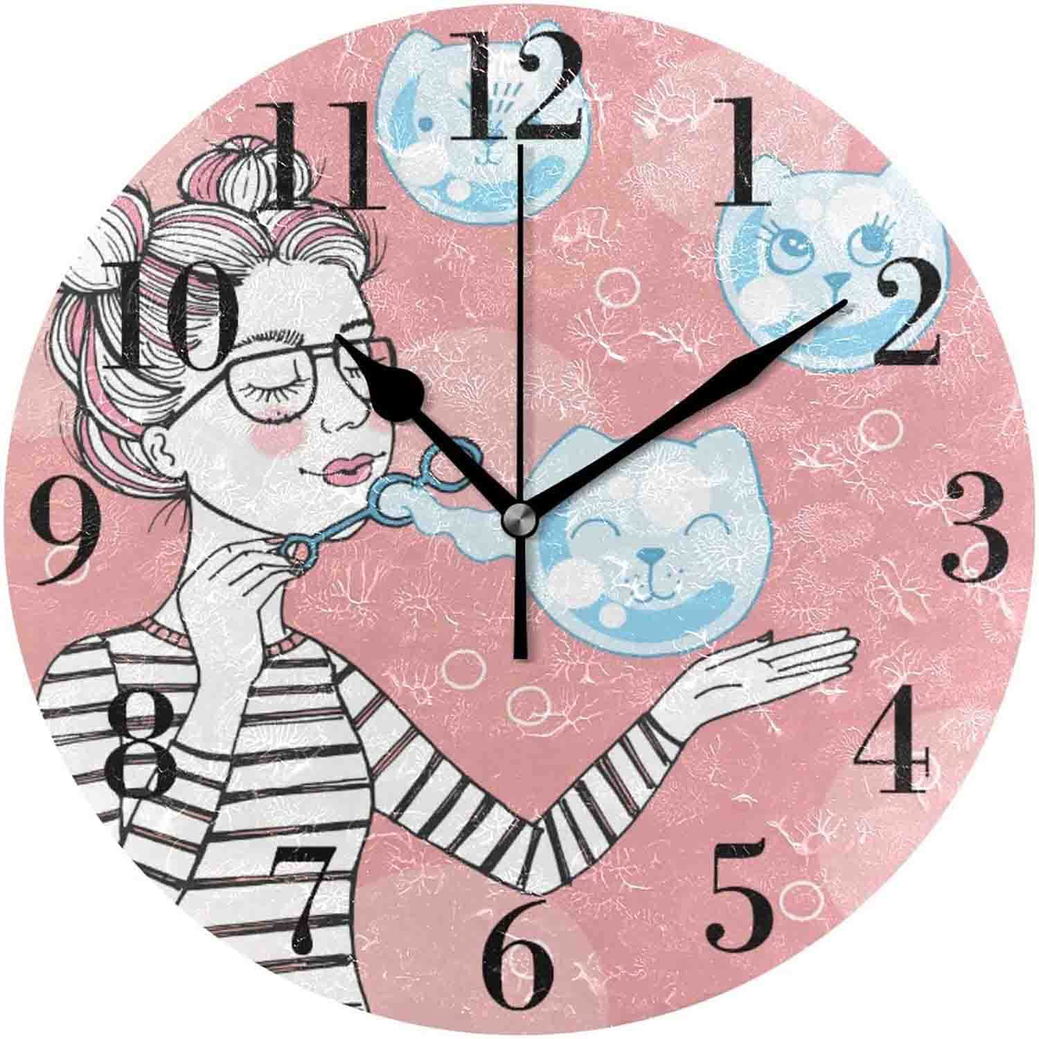 10 Inch Silent Non-Ticking Wall Clock - Vintage Girl Blowing Soap Bubbles with Cat Design, Perfect for Living Room, Kitchen & Bedroom Decor | Ideal for Home, Office & Gift Giving
