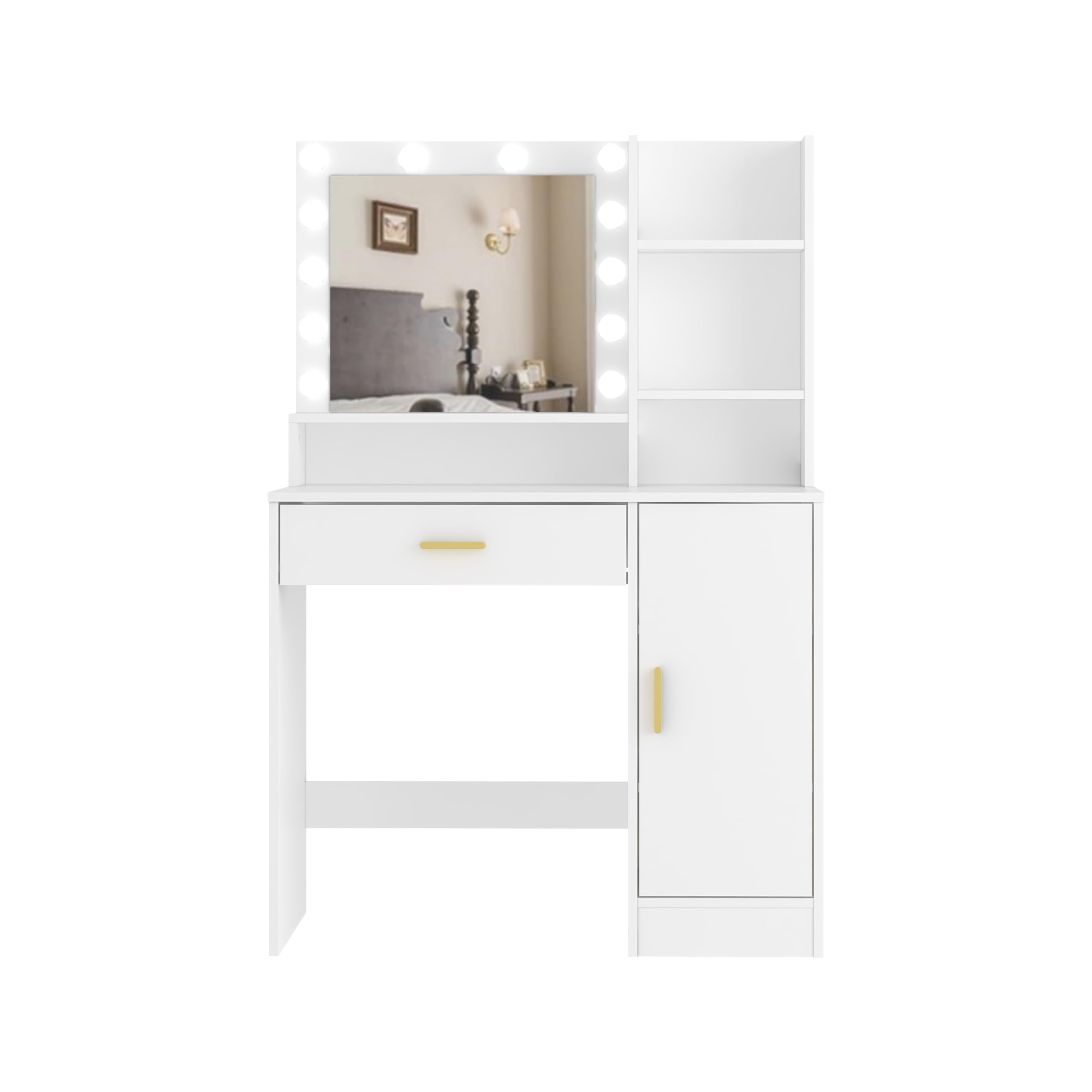 Vanity Desk with Mirror & Lights - Adjustable Brightness, 3 Lighting Modes, 1 Drawer & Cabinet, 4 Shelves - White Makeup Dressing Table Set for Bedroom, Salon & Home Decor