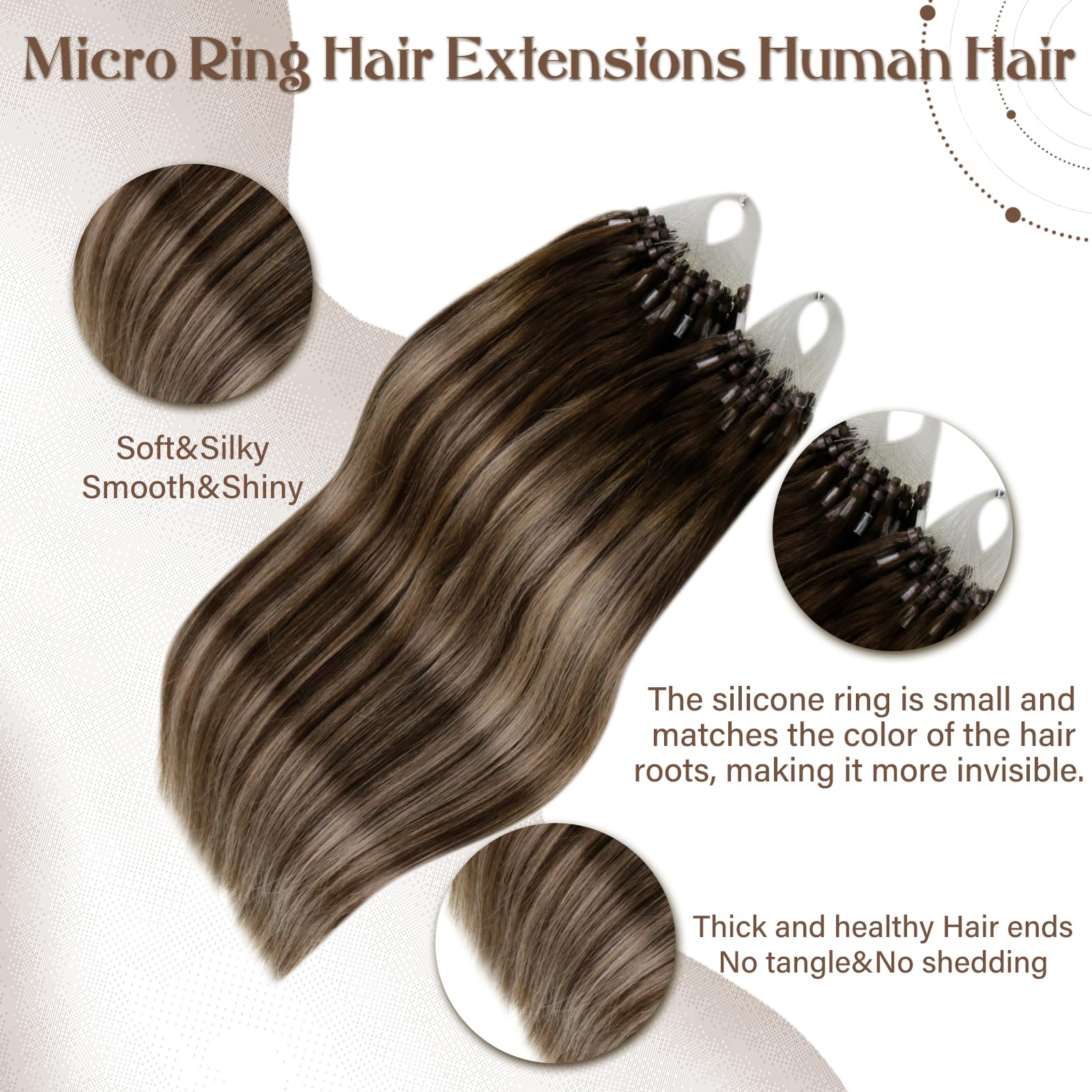 Hetto Micro Link Hair Extensions - 100% Real Human Hair, Balayage Dark Brown to Ash Brown Mix, Straight 14in 50g (50 Strands) - Seamless Blending for Everyday Wear & Special Occasions