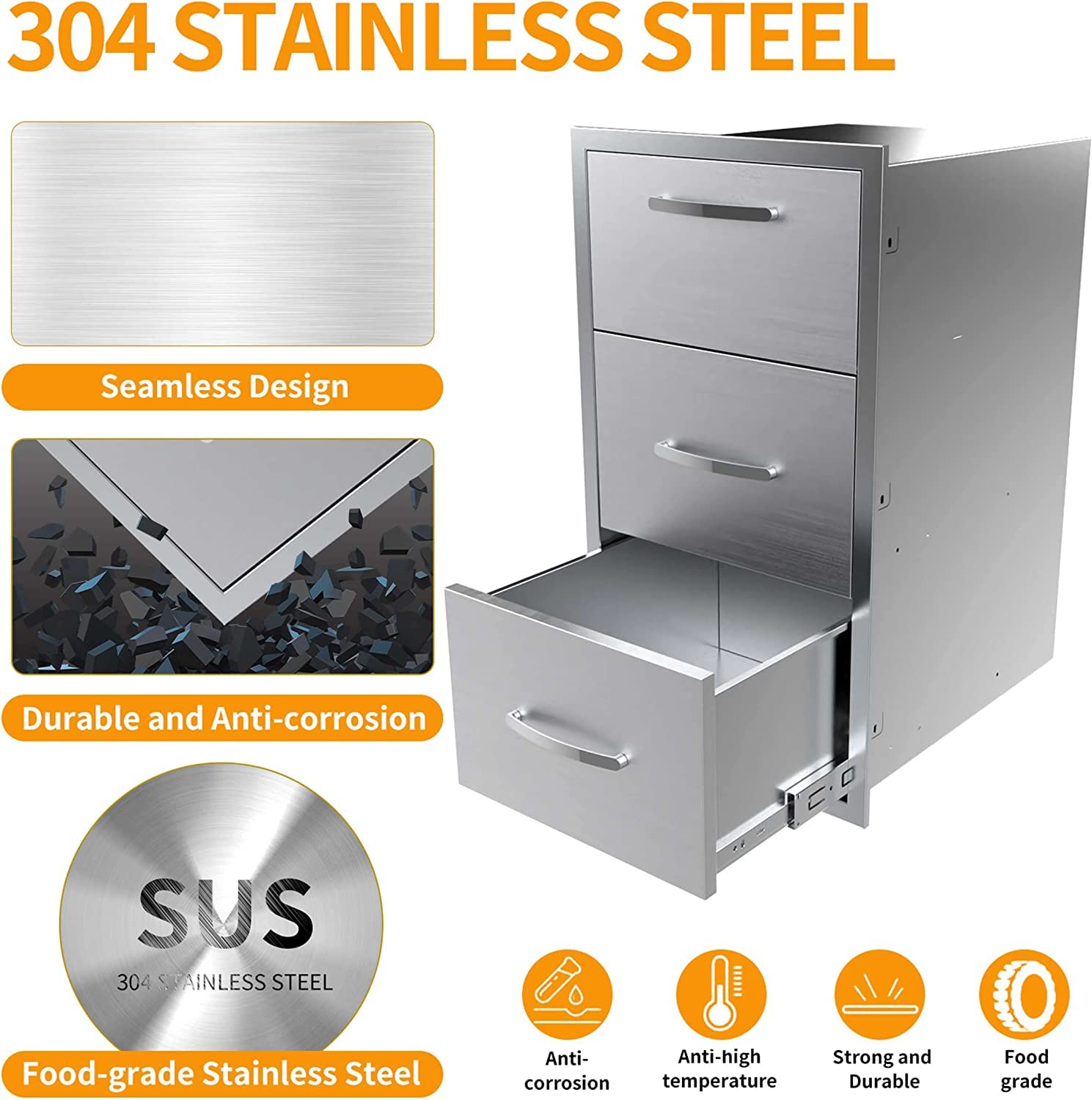 Stainless Steel 3-Drawer BBQ Outdoor Kitchen Storage Cabinet - 17