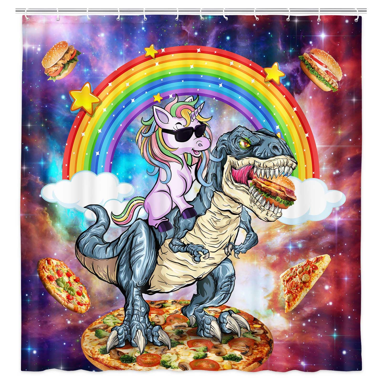 Adorable Kids Shower Curtain Set with Non-Slip Bath Mat - Fun Unicorn Riding Dinosaur Design for Children's Bathroom Decor | Perfect for Kids' Bathrooms, Nursery, and Playful Bath Time Adventures