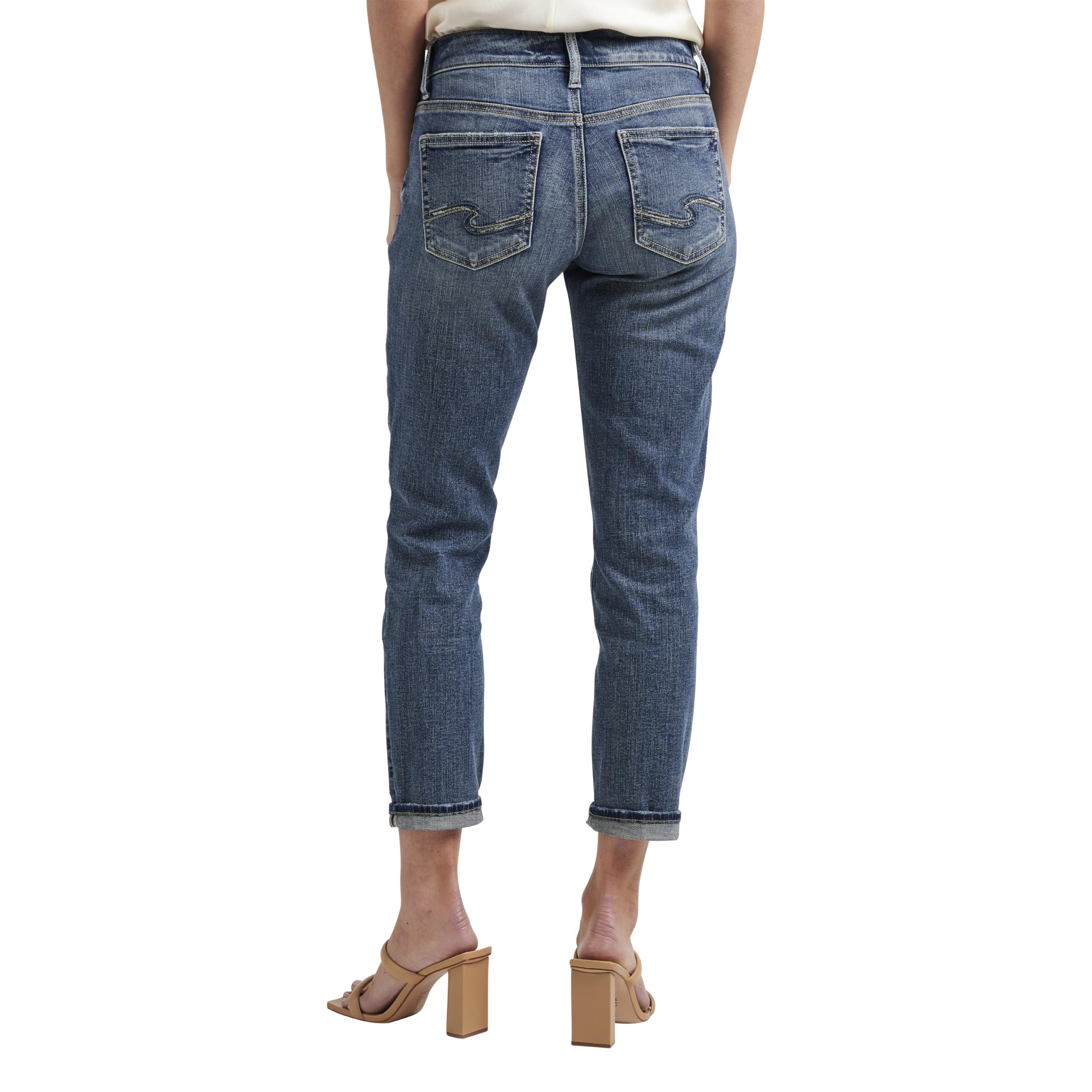 Silver Jeans Co. Women's Boyfriend Mid Rise Slim Leg Jeans - Comfortable Stretch Denim Pants for Casual Wear & Everyday Outfits