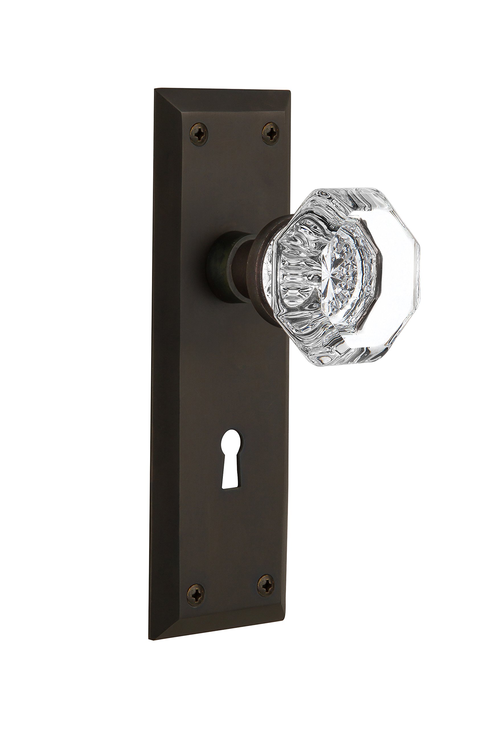 Nostalgic Warehouse New York Plate with Keyhole Waldorf Crystal Knob - Double Dummy Oil Rubbed Bronze Door Handle | Vintage Style for Bedroom, Bathroom & Interior Doors
