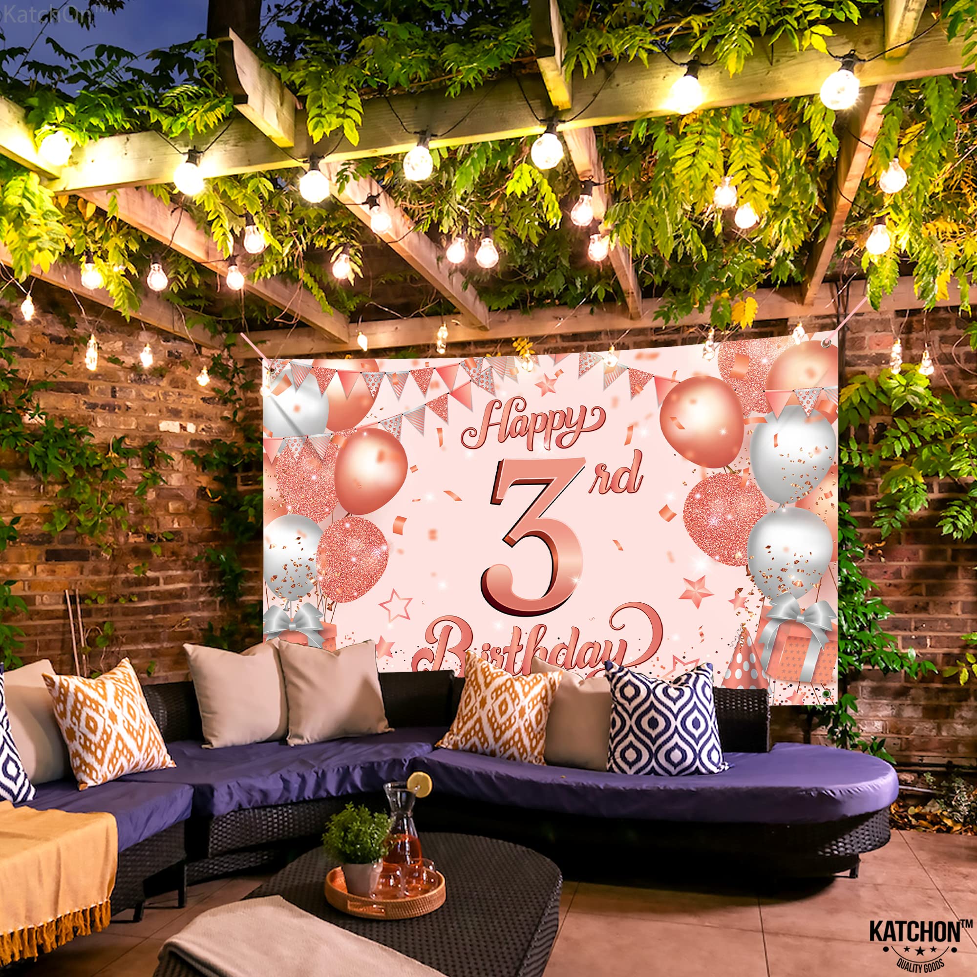 KatchOn Rose Gold Happy 3rd Birthday Banner - Extra Large 72x44 Inch | Elegant Rose Gold Birthday Party Decorations for Girls | Premium 3 Year Old Birthday Backdrop | Perfect for Birthday Photoshoots, Party Decor & Milestone Celebrations