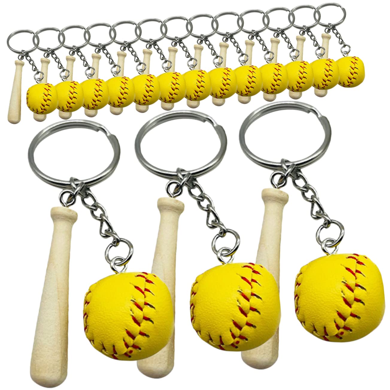 BELLIFFY Mini Baseball Keychains - Set of 16 Wooden Bat Look Sports Keyrings for Boys and Girls - Perfect for Backpacks, Gifts, and Sports Enthusiasts