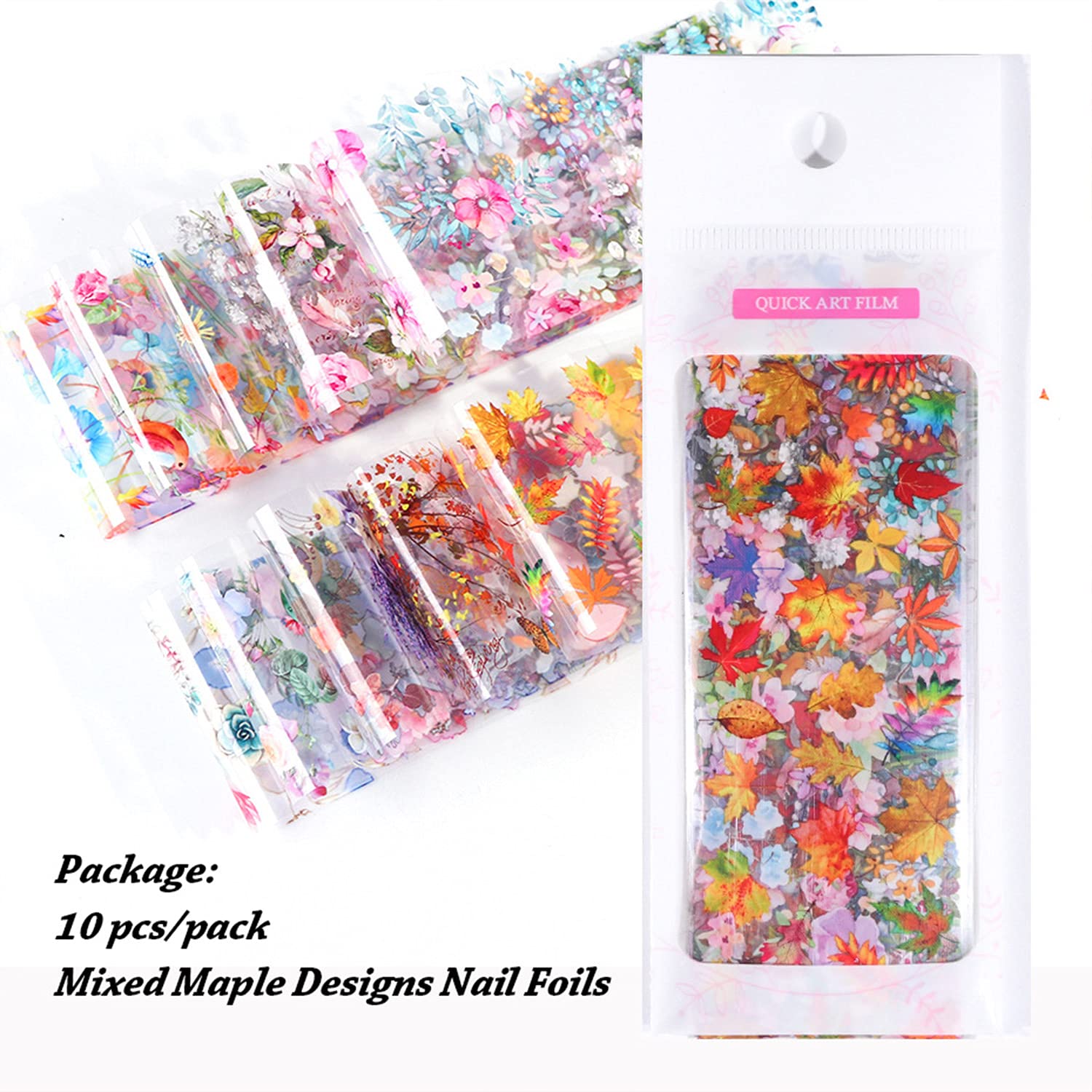 10 Sheets Foil Nail Art Stickers - Maple Leaf & Flower Nail Foils Transfer Stickers for Women, Girls | DIY Manicure Design Kit with Butterfly & Floral Decals | Perfect for Parties, Weddings & Nail Salon Use