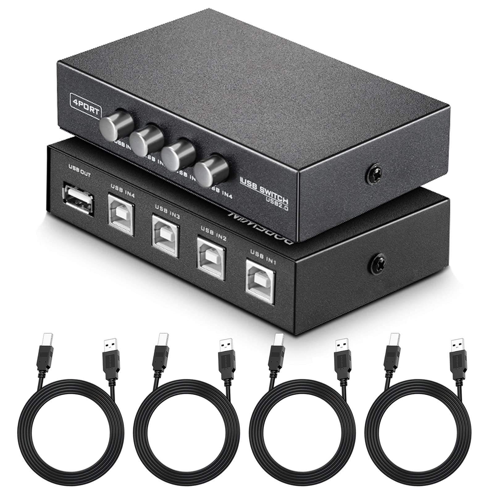 4-Port USB 2.0 Printer Sharing Switch Hub with 4 USB A to B Cables - Manual USB Switch for Multiple Printers & Scanners - Perfect for Office, Home & Small Business Setup