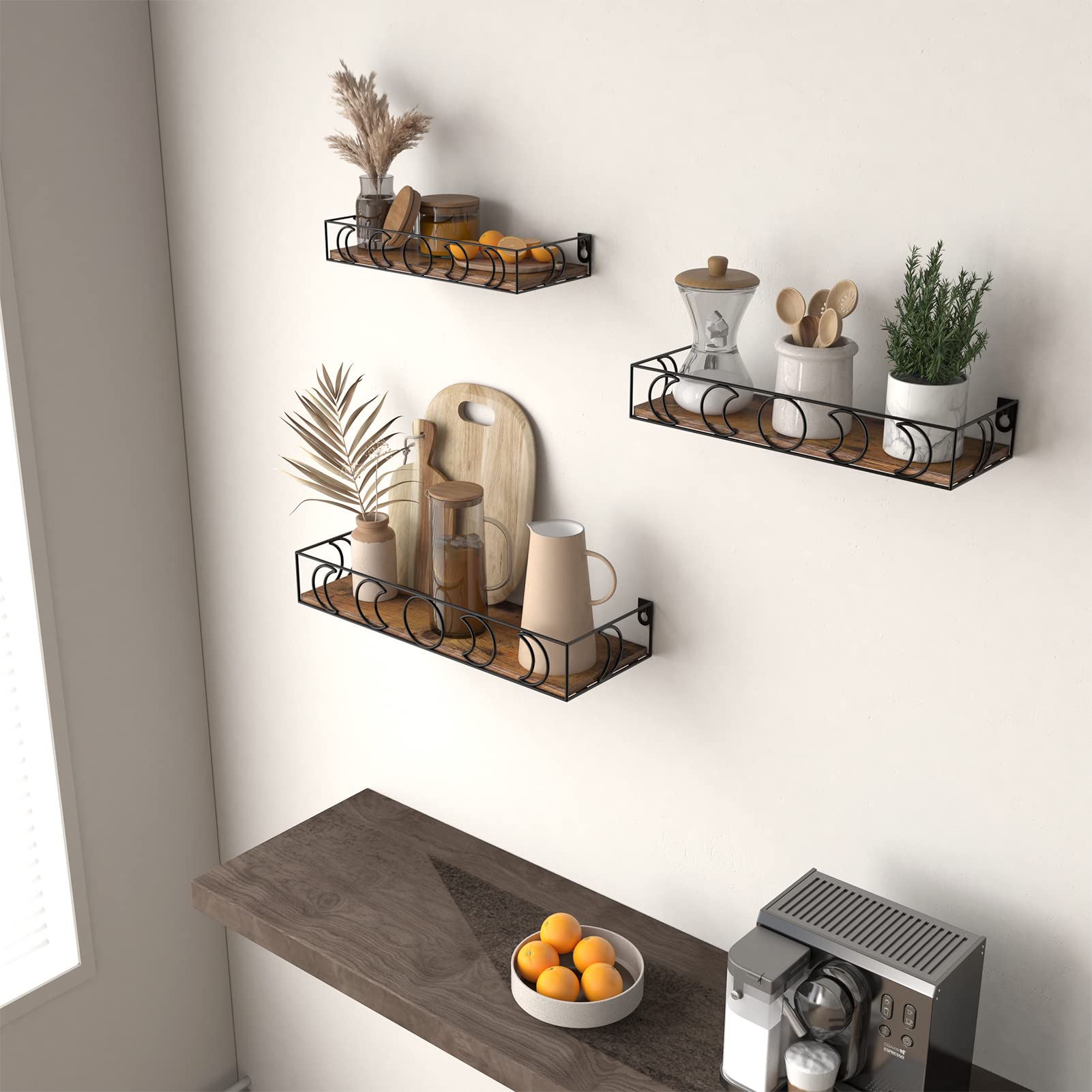 PHAREGE Moon Phase Floating Shelves Set of 3 - Brown & Black Small Wall Shelves for Books, Plants & Home Decor | Crystal Figurine Display Shelf for Bedroom, Kids Room & Living Room | Space-Saving Storage Solution for Small Spaces