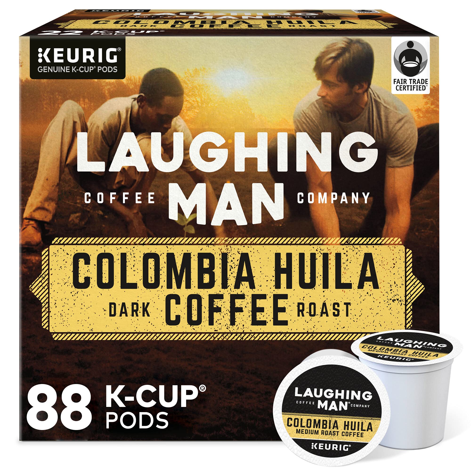 Premium Laughing Man Colombia Huila Dark Roast Coffee - Keurig Single Serve K-Cup Pods (88 Count, 4 Packs of 22) - Rich & Bold Flavor for Home, Office or Breakfast Brewing