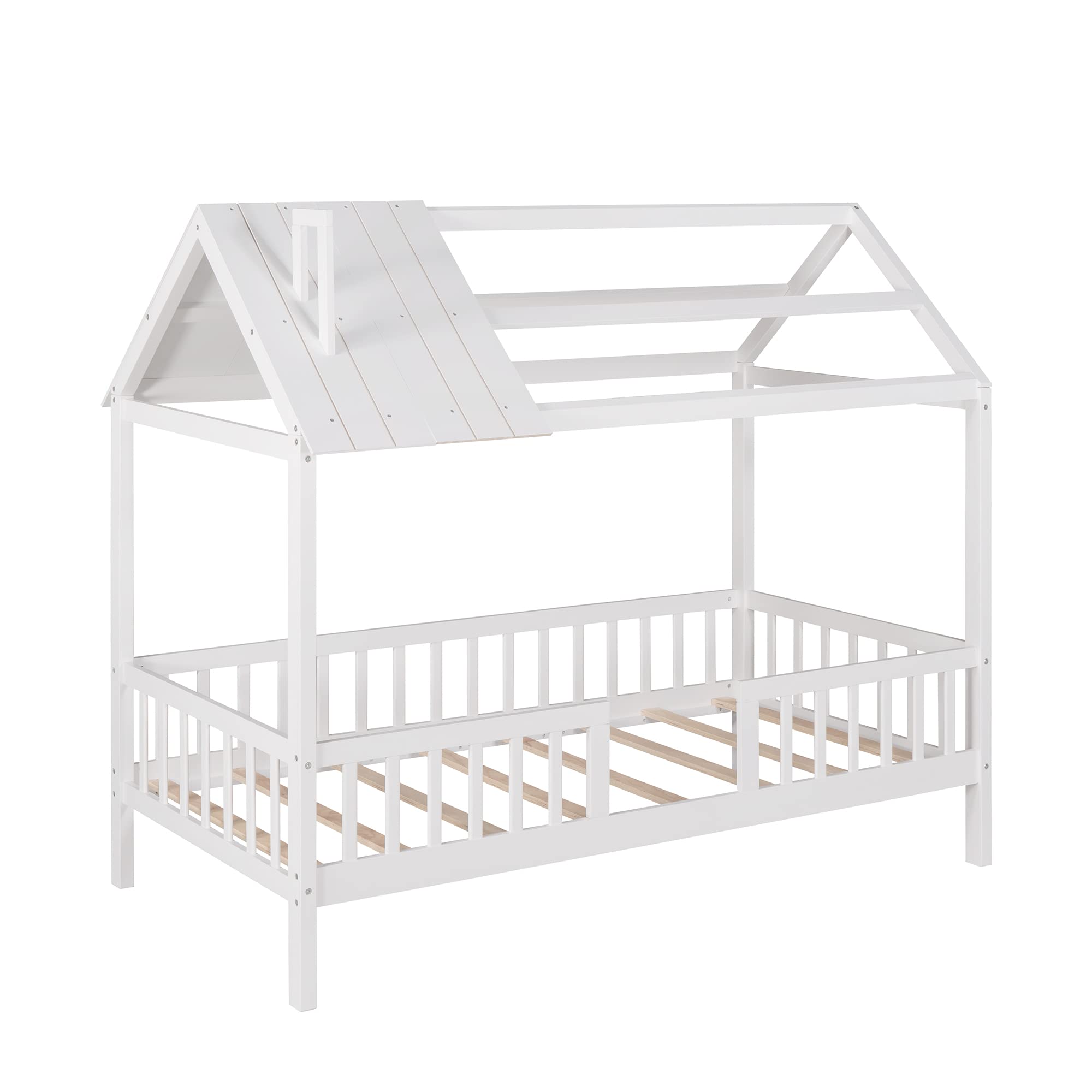 MERITLINE Twin Size Kids House Bed Frame - Wooden Loft Bed with Roof & Fence for Boys, Girls, Teens - No Box Spring Needed - White - Perfect for Bedroom, Playroom & Montessori Style Decor