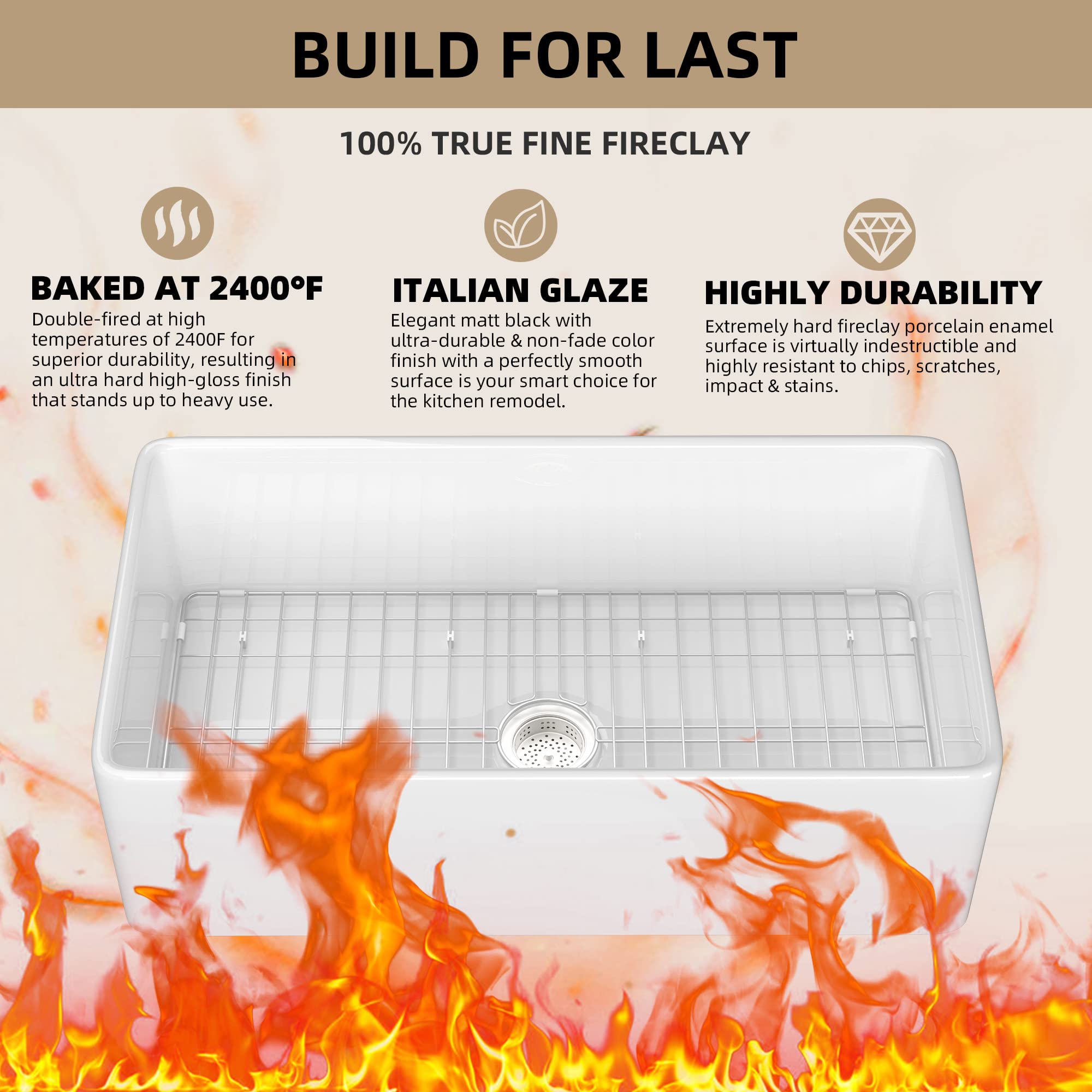 33 Inch White Farmhouse Apron Front Fireclay Kitchen Sink - Large Capacity Deep Single Bowl with Protective Bottom Grid & Strainer - Perfect for Rustic Kitchens, Farmhouse Renovations & Modern Farmhouse Style Homes