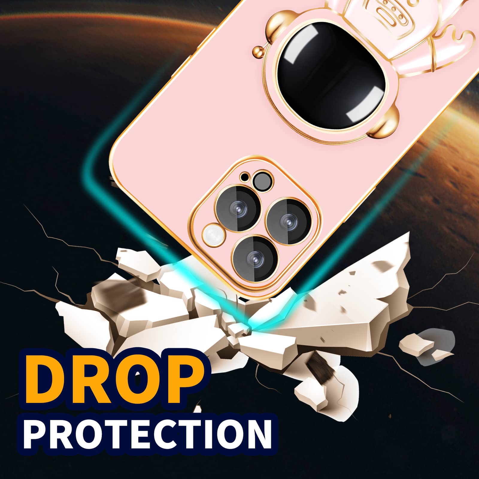 Loheckle Cute 6D Plating Astronaut Phone Case for iPhone 13 Pro Max (6.7 Inch) with Hidden Stand & Camera Protector - Durable Protective Cover for Everyday Use, Travel & Work