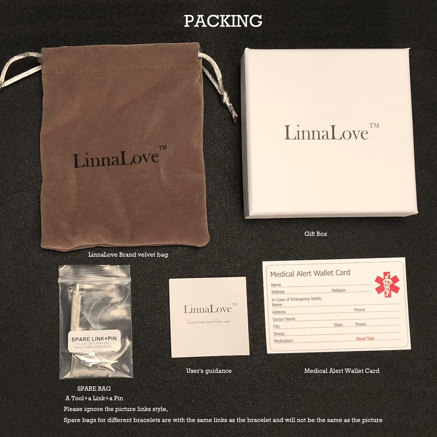 LinnaLove Fashion Shiny Stainless Steel Medical ID Bracelet for Women - Free Engraving, Waterproof & Hypoallergenic - Perfect for Daily Wear, Travel & Emergency Medical Identification