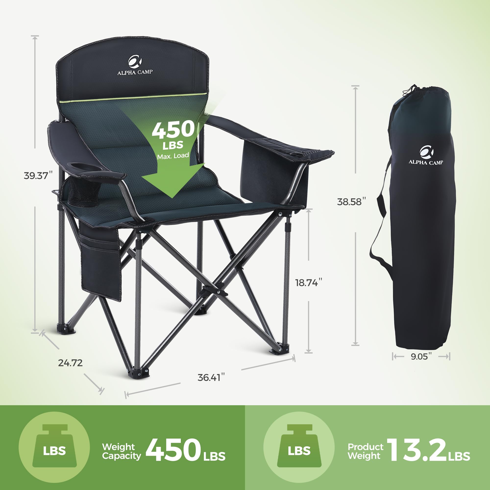 Oversized Folding Camping Chair Heavy Duty 450LBS Capacity - Portable Outdoor Padded Lawn Chair with Cup Holder, Storage Pocket & Cooler Bag - 2 Pack Green - Perfect for Camping, Travel, Picnics, Beach, Backyard & Outdoor Events