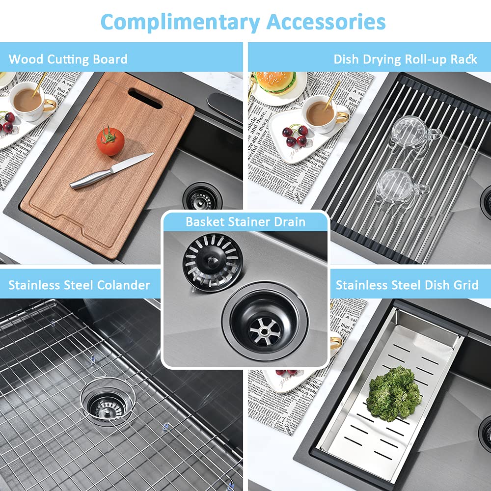 Bokaiya 33x19 Inch Black Stainless Steel Drop-In Kitchen Sink Workstation - 16 Gauge Deep Topmount Single Bowl with Cutting Board - Perfect for Meal Prep, Dishwashing & Small Space Kitchens