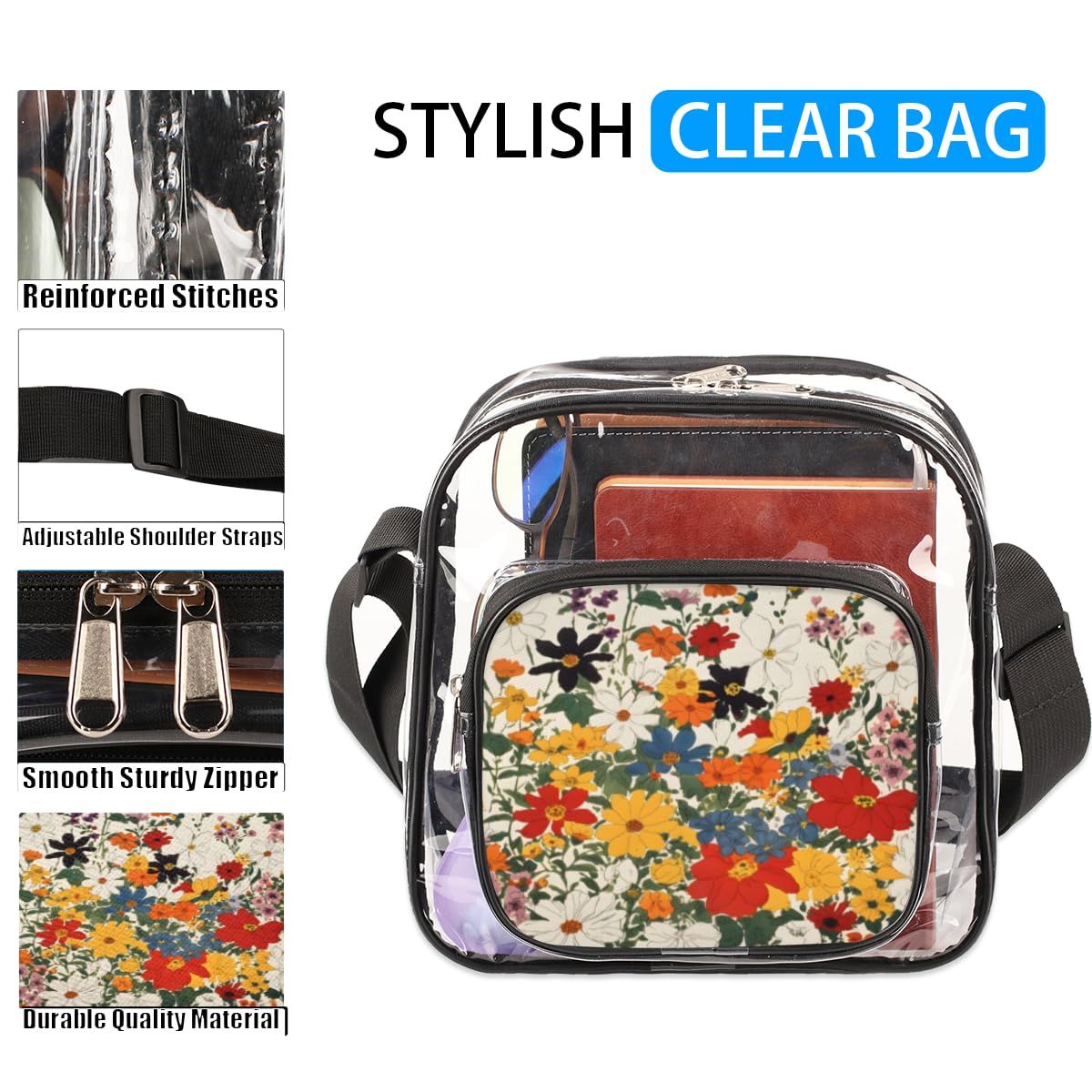 Mularoka Stunning Flower Clear Crossbody Purse Bag for Women & Men - Aesthetic Floral Transparent Shoulder Bag, Stadium Approved Clear Purse for Concerts, Festivals, Sports Events & Travel - Fashionable & Functional Accessory for Everyday Use