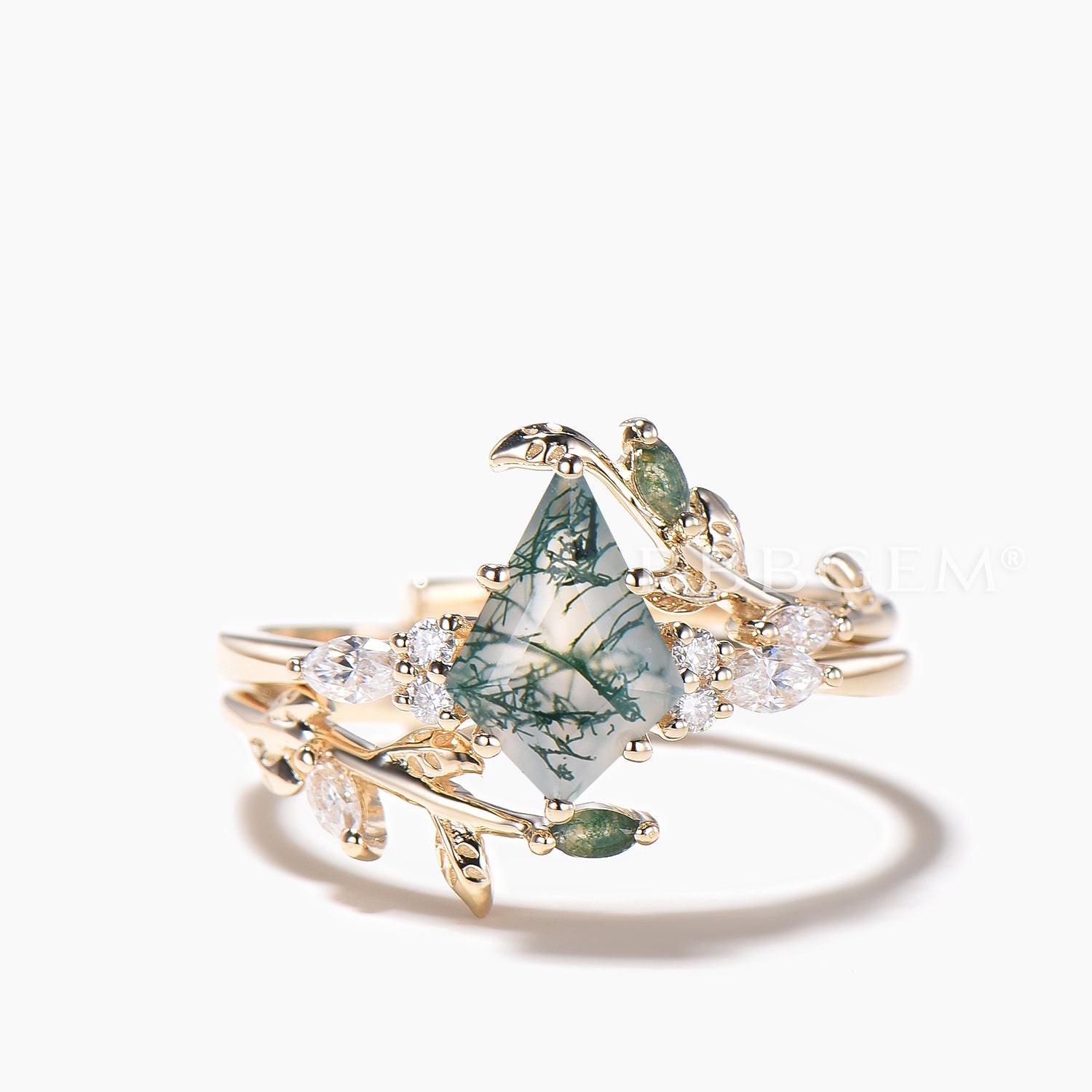 Twig Nature Inspired Moss Agate Leaf Ring Set - Kite Cut Gemstone Wedding Band for Brides, Nature Lovers & Boho Style (Perfect for Outdoor Weddings, Nature-Themed Events & Everyday Boho Fashion)
