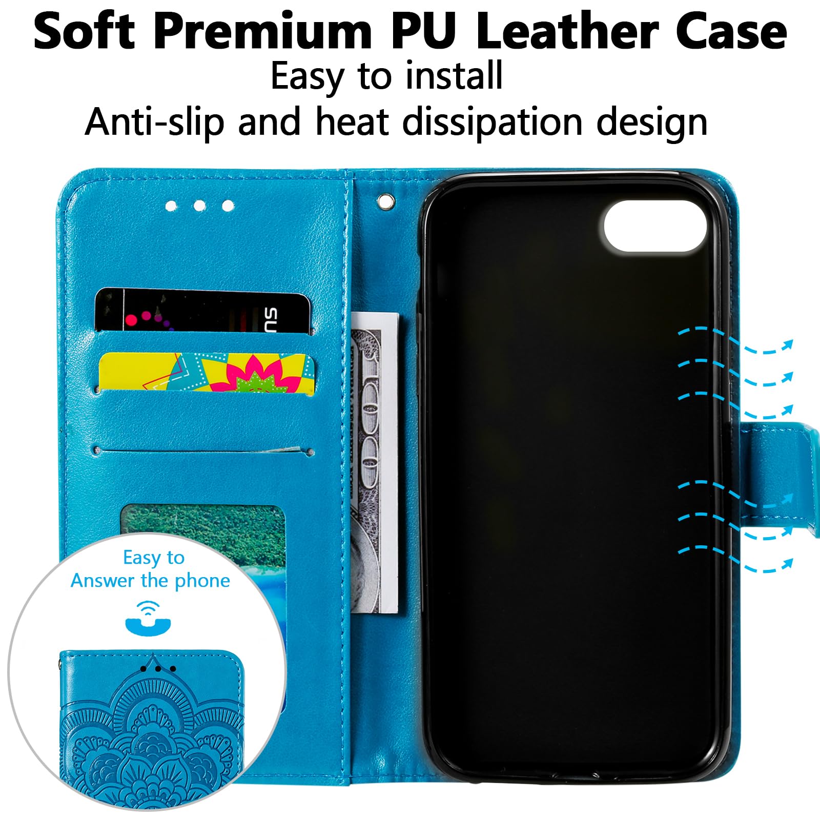 Premium EYZUTAK Mandala Leather Flip Wallet Case for iPhone SE (5G) 2022/iPhone 7/8/SE 2020 - Slim Magnetic Stand Cover with Card Slots & Lanyard (Blue Embossed Design) | Perfect for Daily Use, Travel & Business Meetings