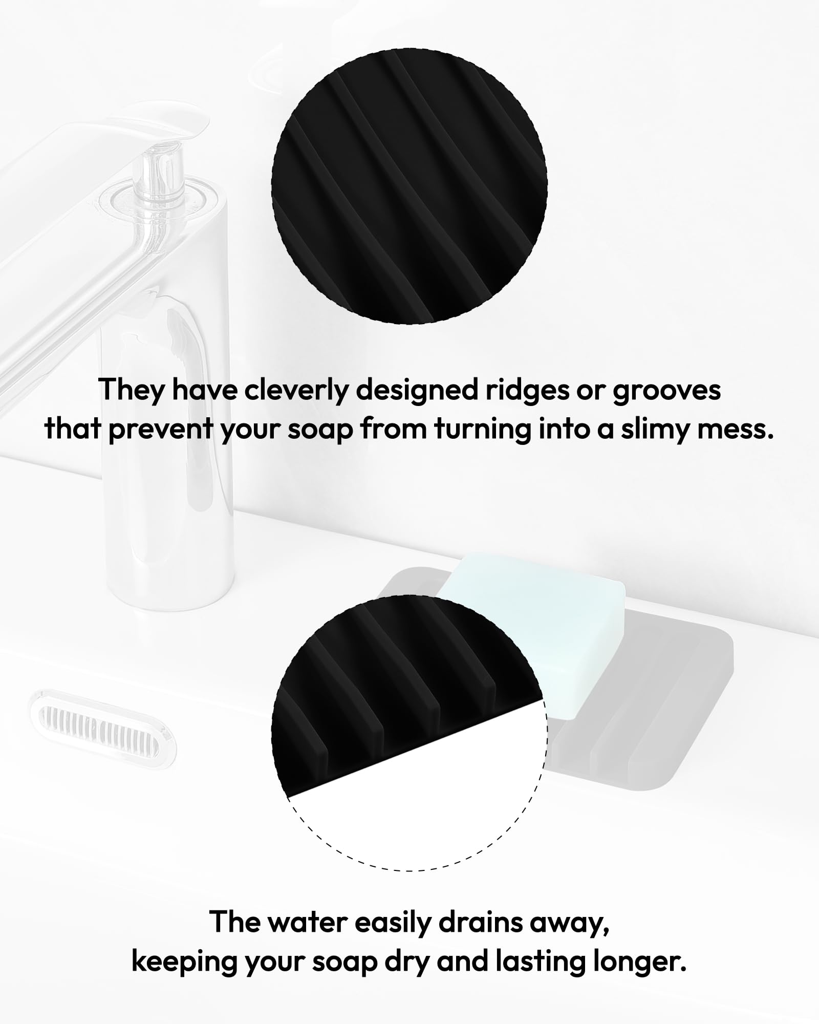 Self Draining Soap Dish for Shower, Kitchen & Bathroom Sink - 2 Pack Black Silicone Soap Holder (3.1