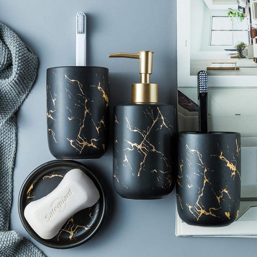 Premium Black Marble Bathroom Accessories Set - 4 Piece Ceramic Soap Dispenser, Toothbrush Holder, Tumbler & Soap Dish - Elegant Golden Vein Design for Modern Bathroom Decor - Perfect for Guest Bathrooms, Master Suites & Spa-Style Vanities