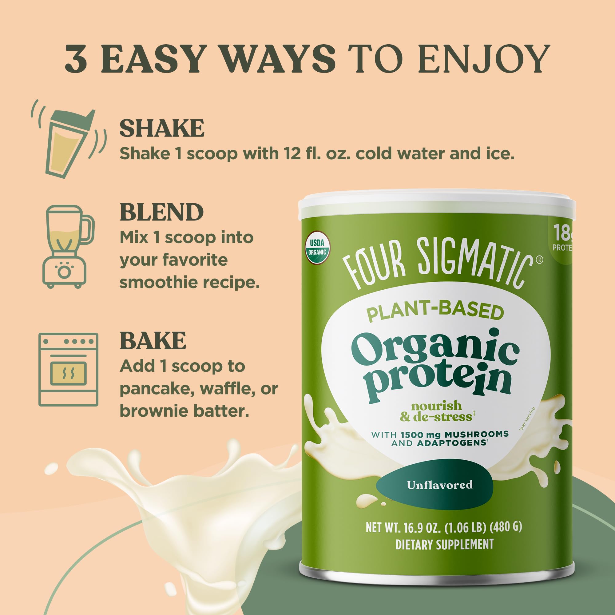 Four Sigmatic Organic Plant-Based Protein Powder - Unflavored Vegan Protein with Lion’s Mane, Chaga & Cordyceps Mushrooms | Brain Function & Immune Support Supplement | 16.9 oz | Ideal for Smoothies, Post-Workout Recovery & Healthy Meal Replacement