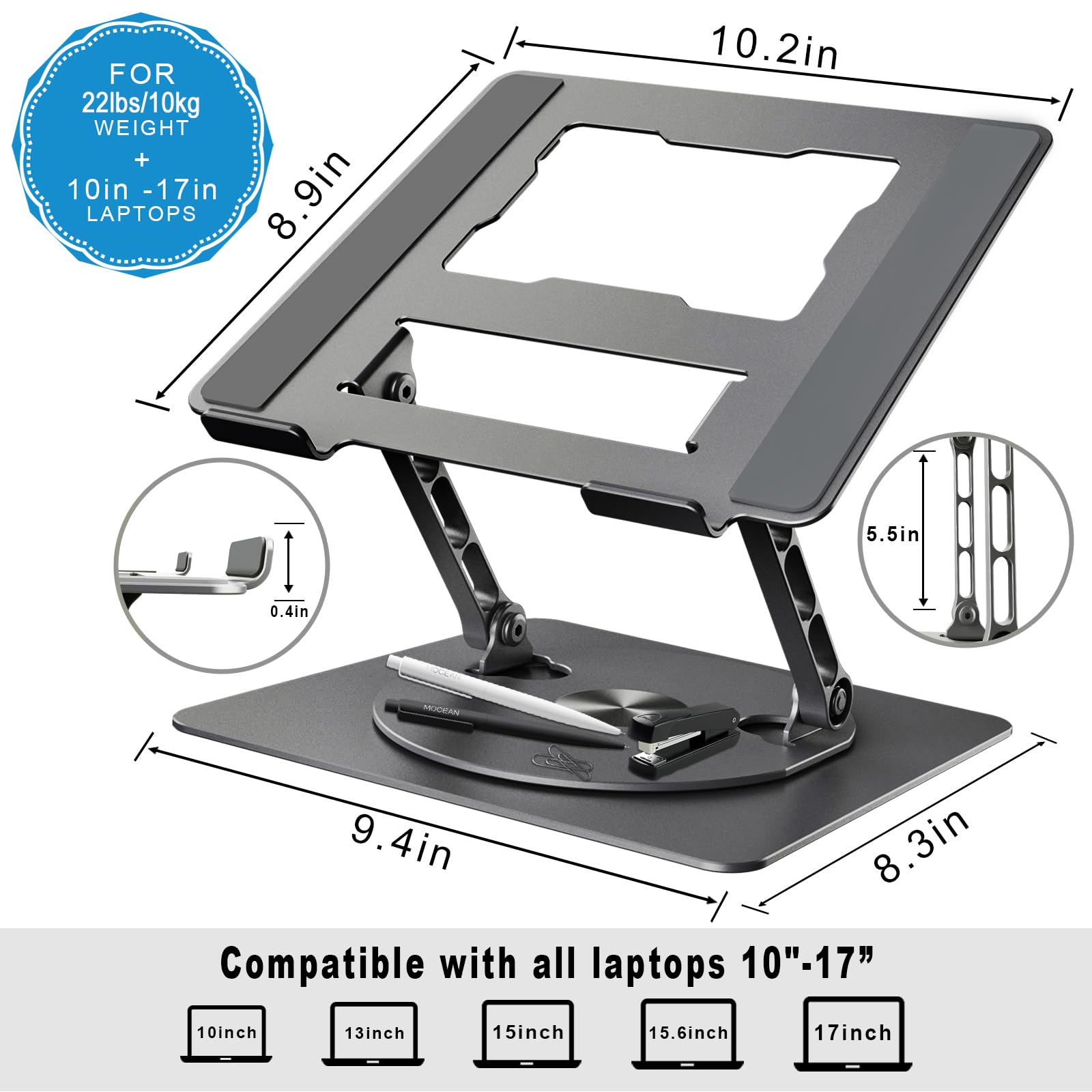 DUCHY 360° Adjustable Laptop Stand - Ergonomic Heavy Duty Portable Holder for MacBook Air/Pro & All Laptops up to 17 Inches, Grey - Perfect for Home Office, Gaming & Travel