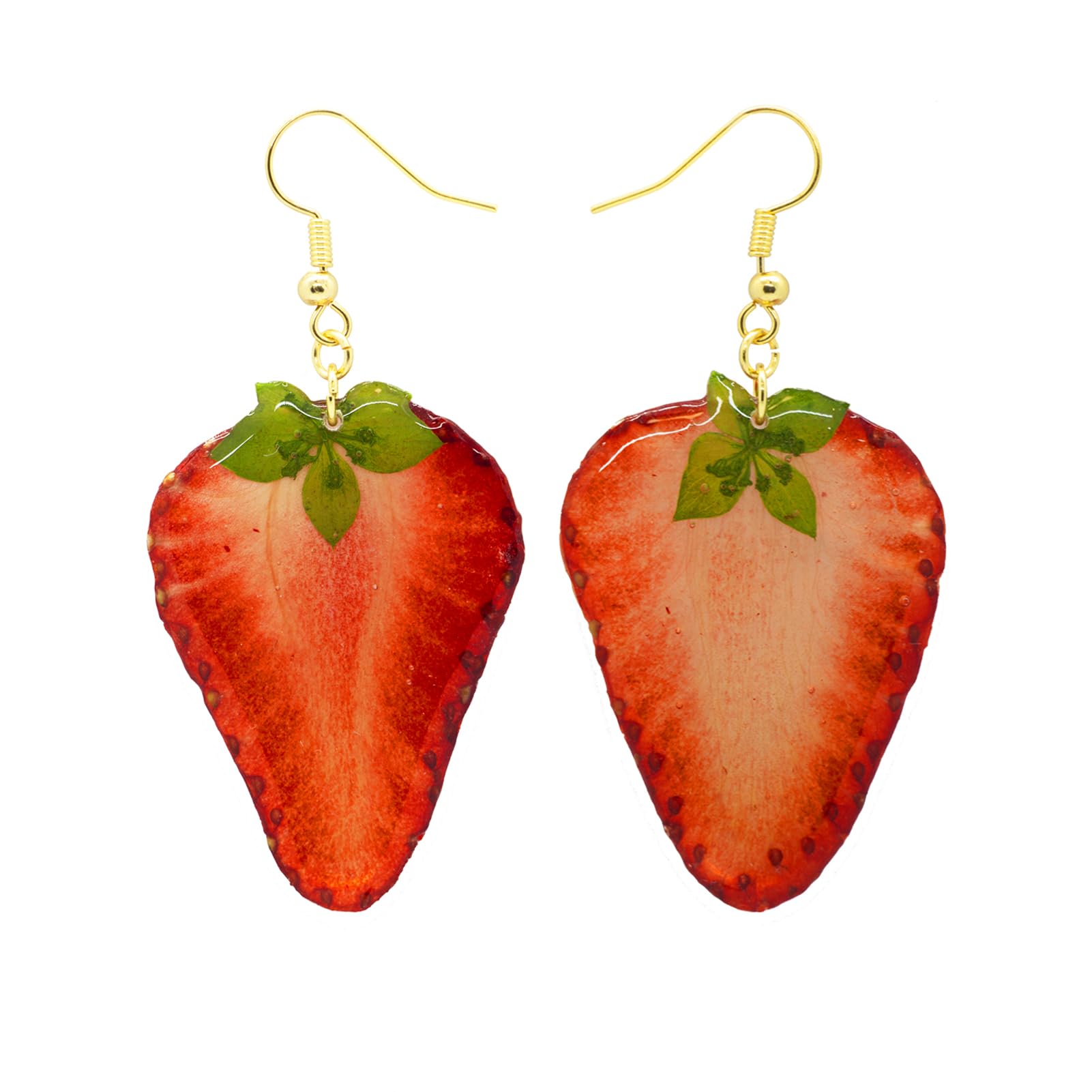 Handmade Real Strawberry Heart Earrings - Pressed Strawberry Slice Natural Dried Fruit Resin Jewelry with Gold Hooks | Perfect Birthday Gift, Valentine's Day Present & Boho Fashion Accessory for Women